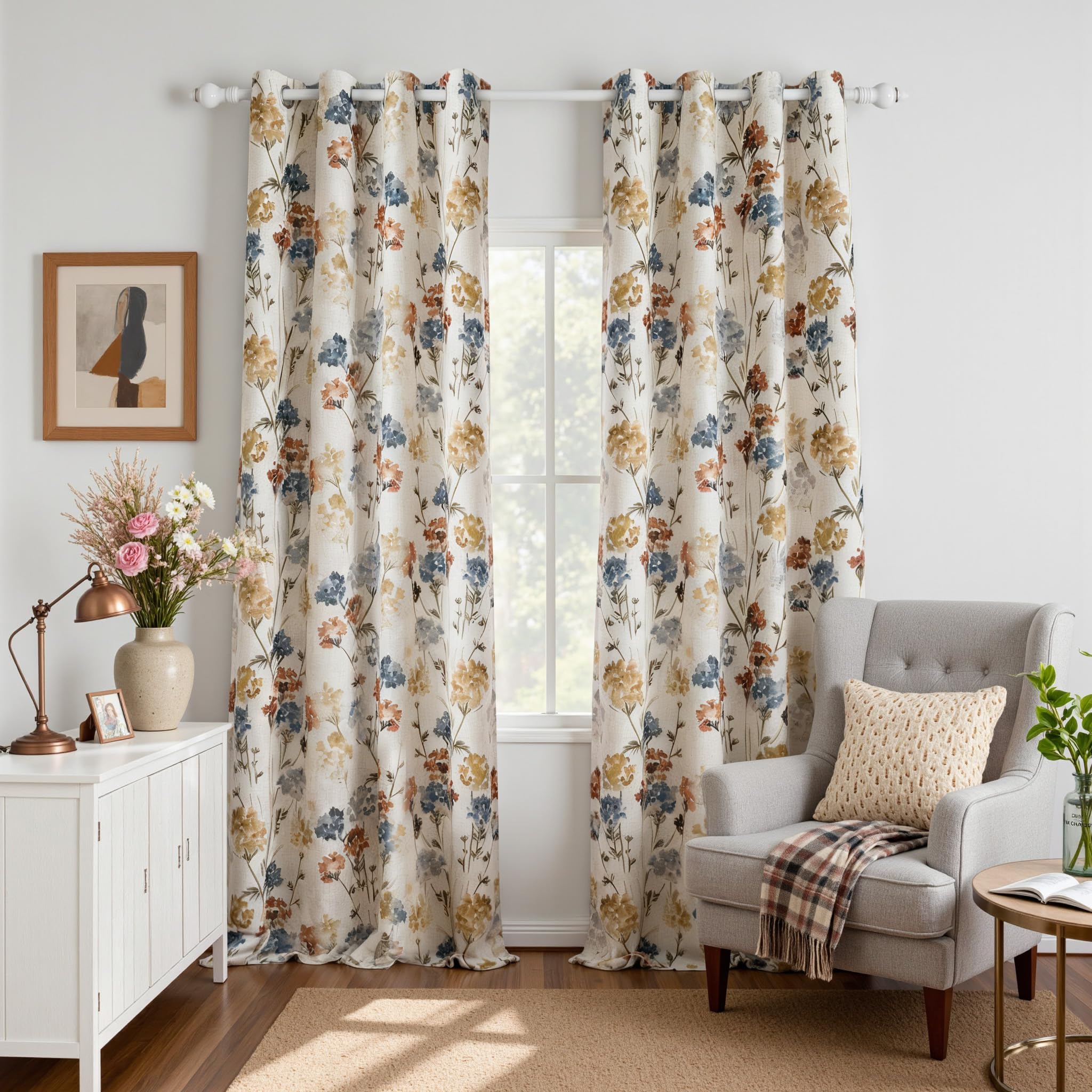 MYSKY HOME Floral Curtains for Living Room Linen Look Semi Sheer Vertical Light Filtering Privacy Drapes Decor Farmhouse Style Texture for Bedroom Dining Room, Brown, W52 x L84, Pack-2