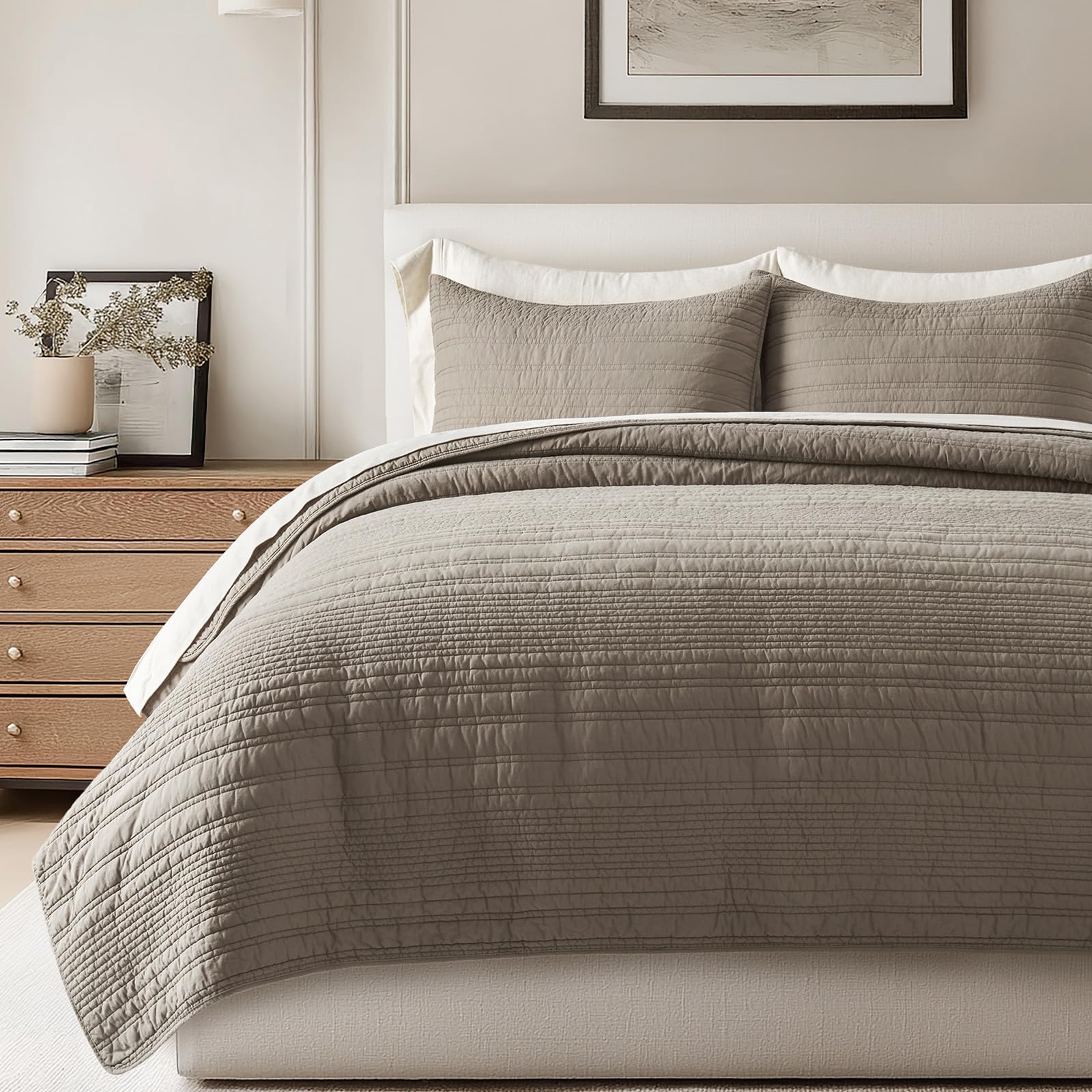EVERGRACEHOME 100% Cotton Modern Lines Quilt Set Queen Size, Pre-Washed Soft Striped Coverlet Bedspread, 3 Piece Lightweight Bedding Set for All Season, with 2 Pillow Shams, Stone Taupe
