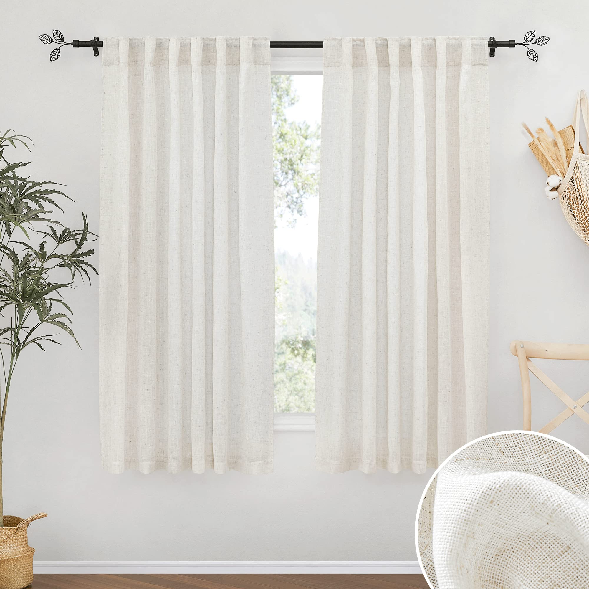 RYB HOME Semi Sheer Curtains - Linen Blend Privacy Curtains Sheer Window Treatment Drapes Farmhouse Decor for Bedroom Living Room Sliding Glass Door, 52 inch Wide x 95 inch Long 2 Panels, Linen