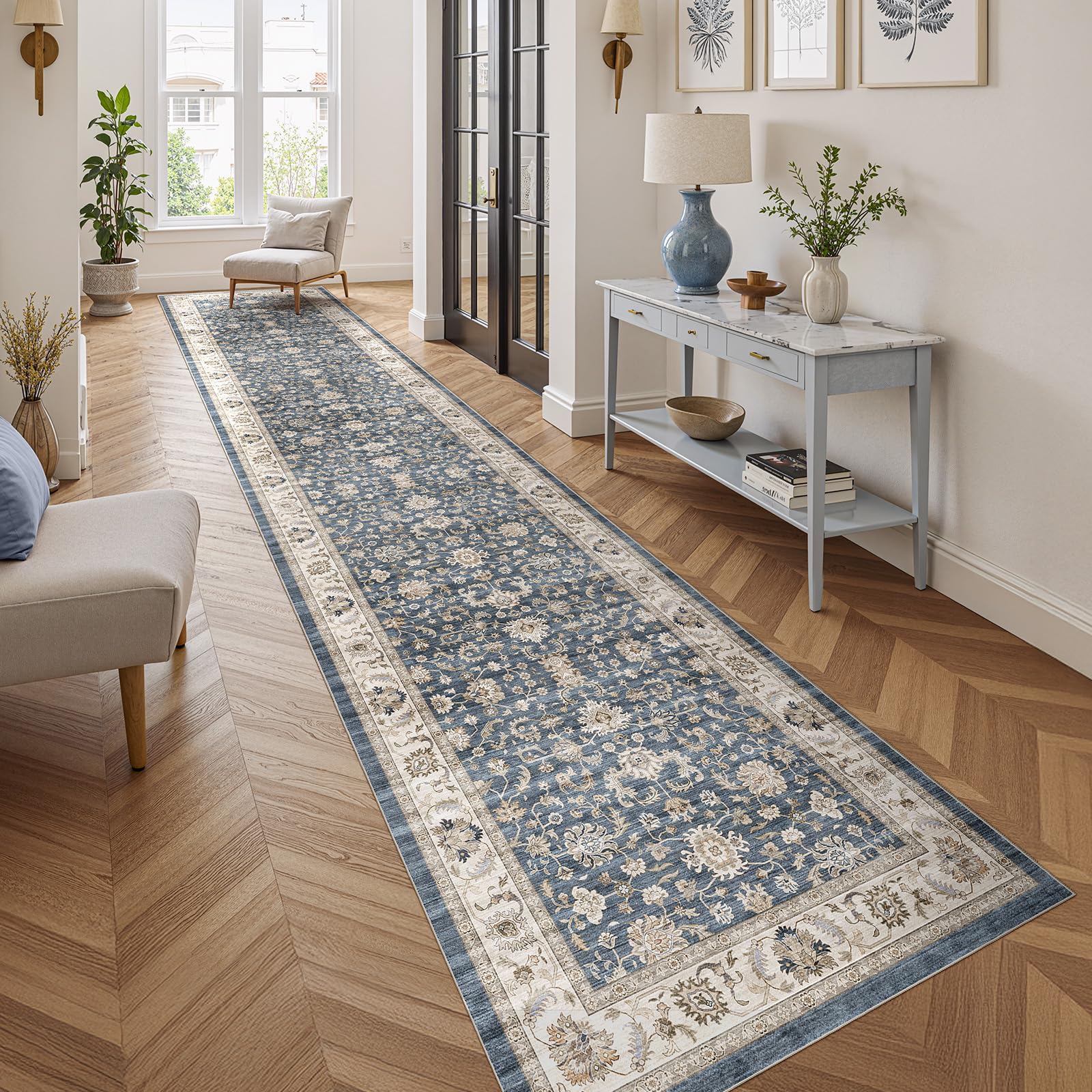 WITSHOCK 10x14 Area Rugs Living Room: Washable Large Neutral Vintage Soft Rug Stain Resistant Non-Slip Farmhouse Indoor Low Pile Floor Carpet for Bedroom Nursery Kids Office- Light Blue