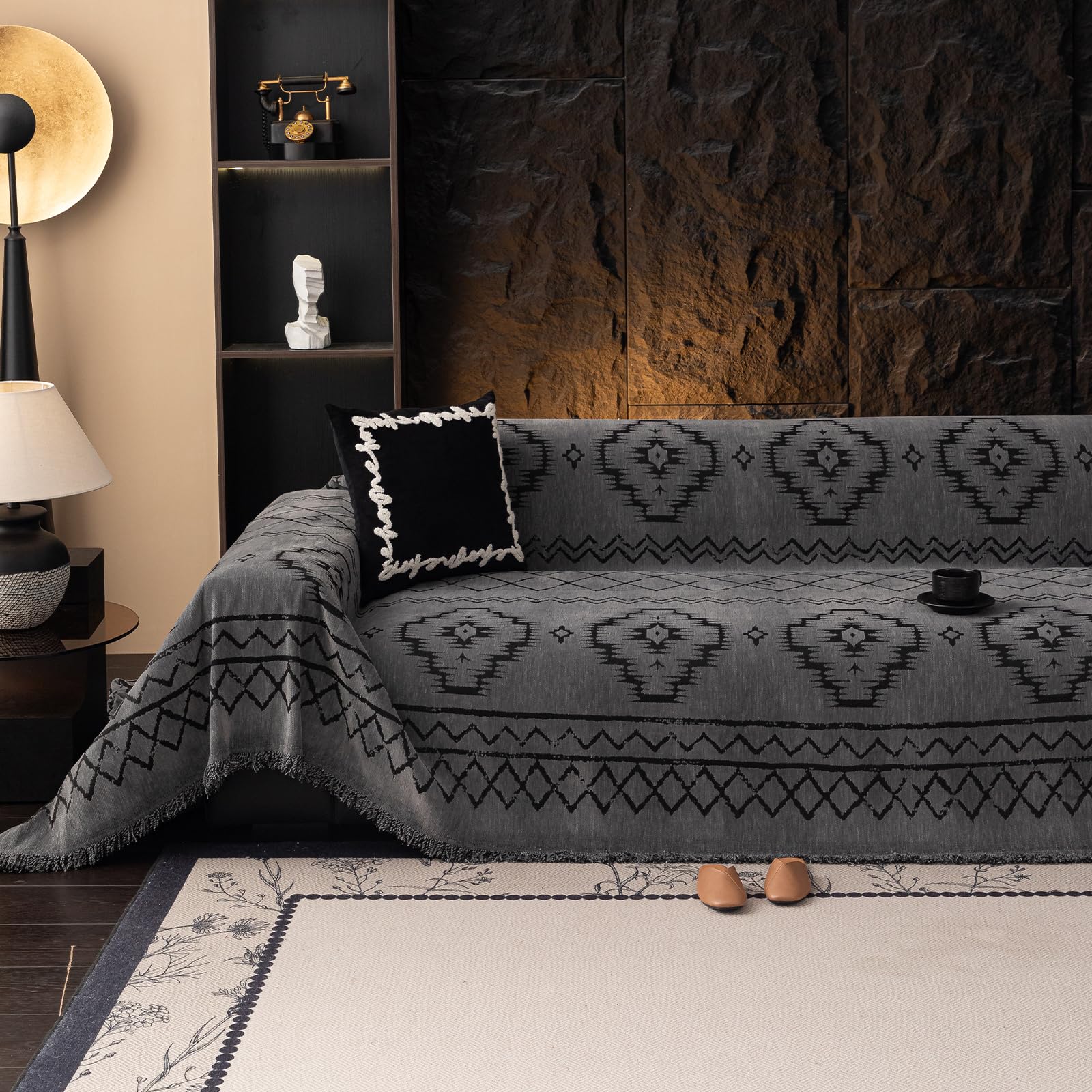 VClife Boho Couch Cover Blue Geometric Jacquard Pattern Sofa Cover, 1 Piece Large Couch Covers for 3 Cushion Couch Sofa Washable Plush Chenille Sofa Protector for Living Room, 71x134 Inch