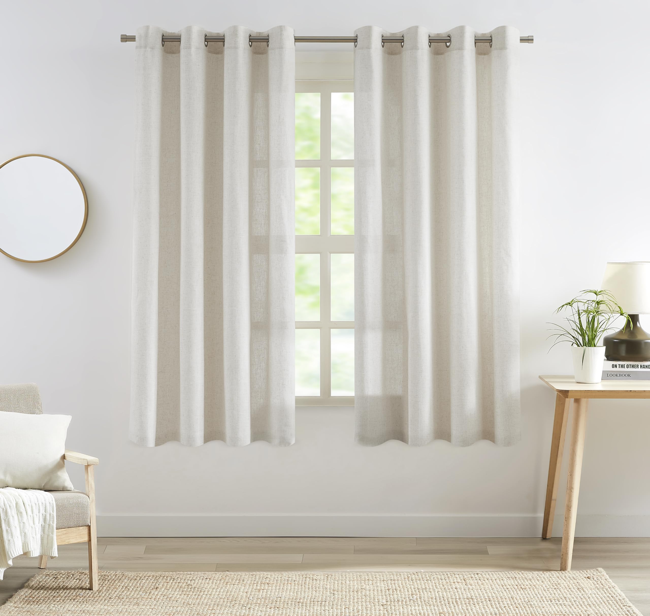 2 Panels Soft Green Linen Blend Sheer Curtains 58"x95", Grommet Light Filtering Drapes