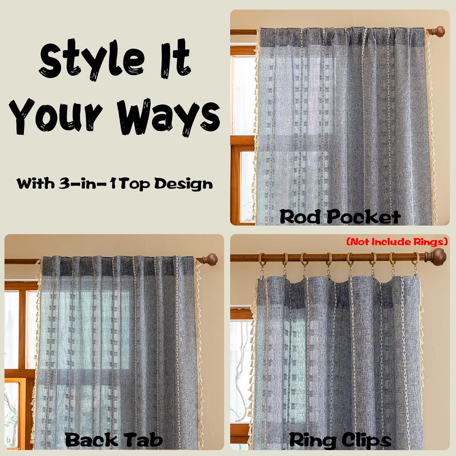 Blue Boho Sheer Curtains 72 inches Long 2 Panels for Bedroom, Light filtering Semi Sheer Bohemian French Country Privacy Tassels Vintage Chic Embroidery Stripes Window Curtains Back Tab, 50" W