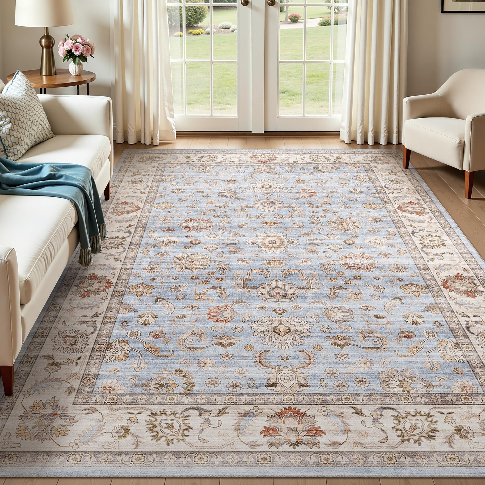WITSHOCK 10x14 Area Rugs Living Room: Washable Large Neutral Vintage Soft Rug Stain Resistant Non-Slip Farmhouse Indoor Low Pile Floor Carpet for Bedroom Nursery Kids Office- Light Blue