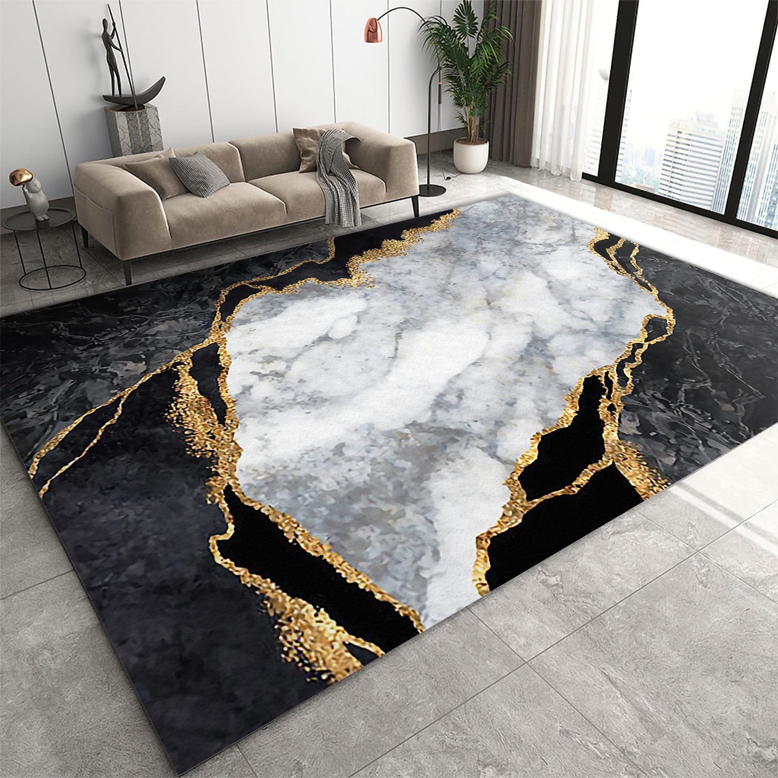 3x5 Rug Minimalist Light Luxury Washable Rugs, Nordic Marble Irregular Geometry Bedroom Rugs with Non Slip Backing for Bedroom Hotel Hardwood Floors Garage Farmhouse