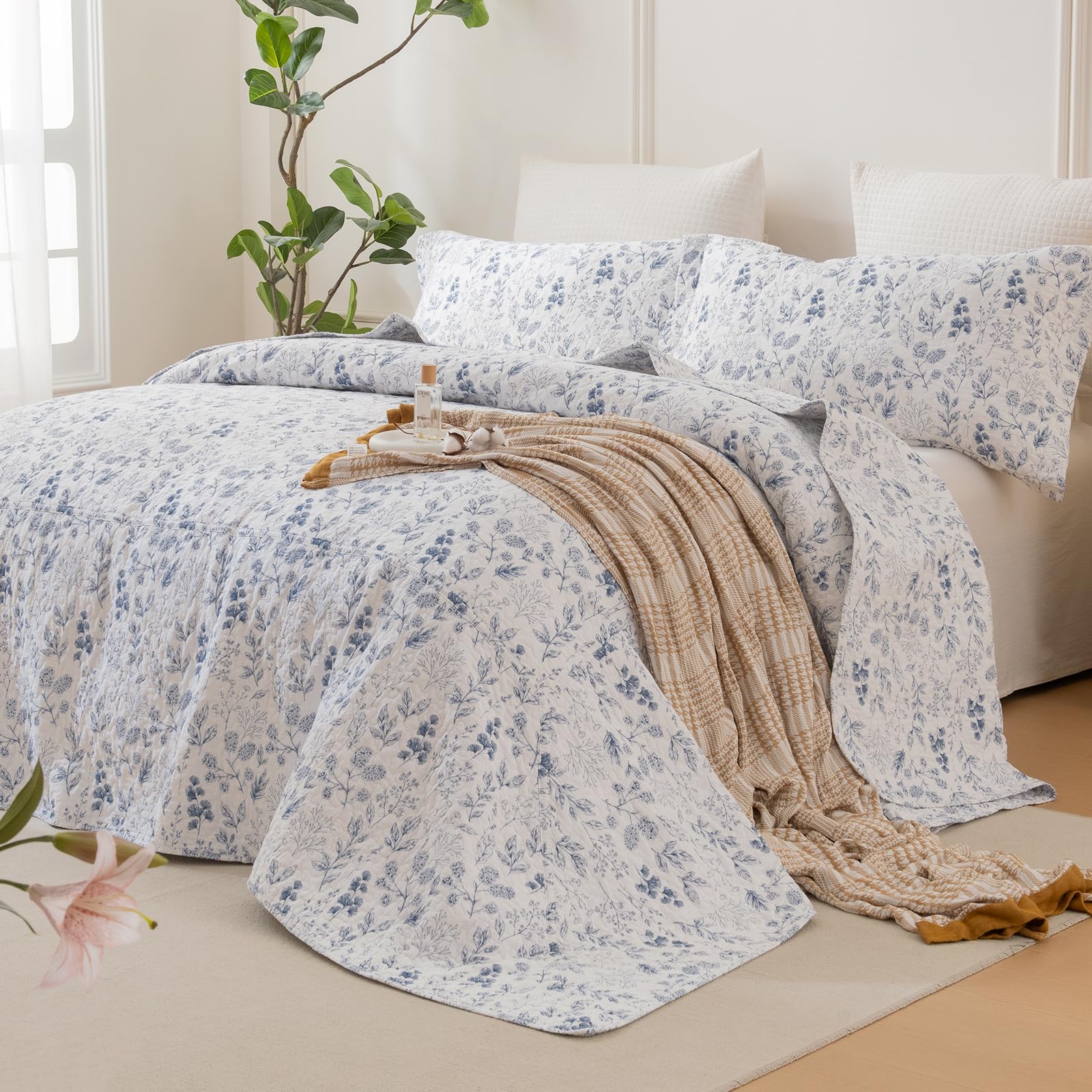 Sanracie 100% Cotton Quilt Queen Size(90"x98")-Floral Quilted Bedspreads Set,3pcs Yellow Wild Flower Botanical Printed Pattern Quilt Bedding Coverlet Summer Soft Lightweight Aesthetic Bedding