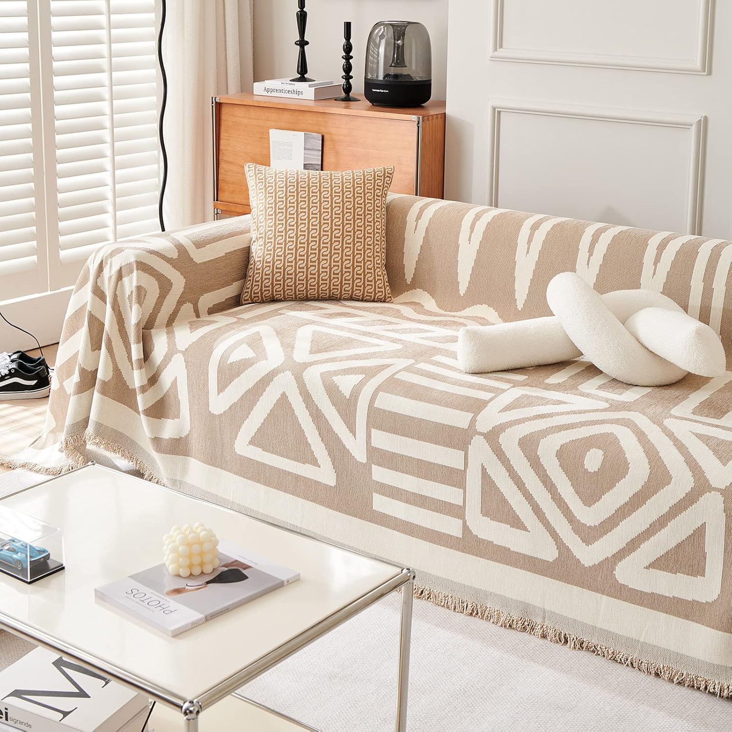 VClife Boho Couch Cover, Washable Sofa Cover for Dog, Non Slip Couch Covers for 3-4 Cushion Couch, Modern Khaki Creamy White Geometric Sofa Slipcovers Multi-functional Furniture Protector 71'' x 150''
