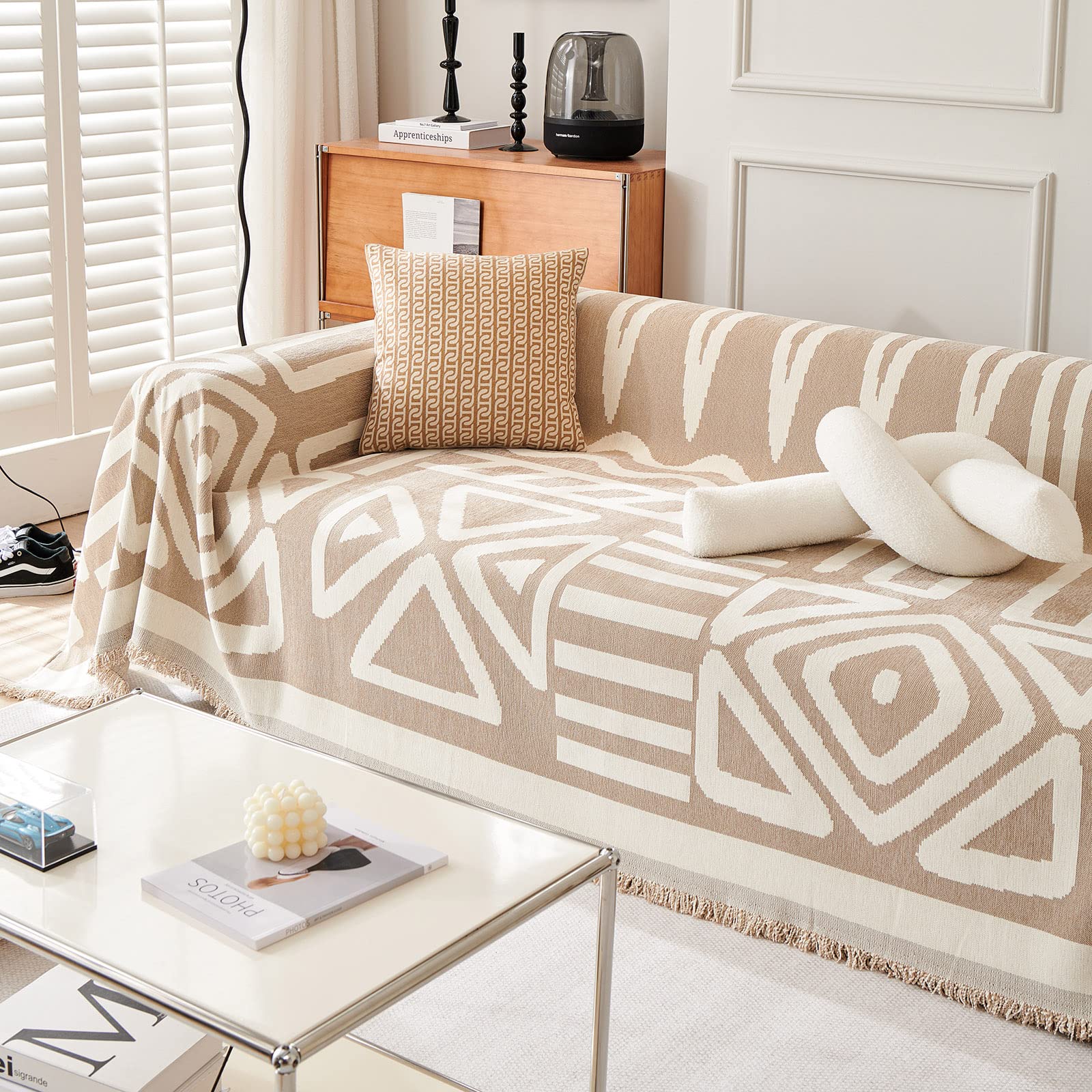 VClife Boho Couch Cover, Washable Sofa Cover for Dog, Non Slip Couch Covers for 3 Cushion Couch, Modern Khaki Creamy White Geometric Sofa Slipcovers Multi-Functional Furniture Protector 71'' x 134''