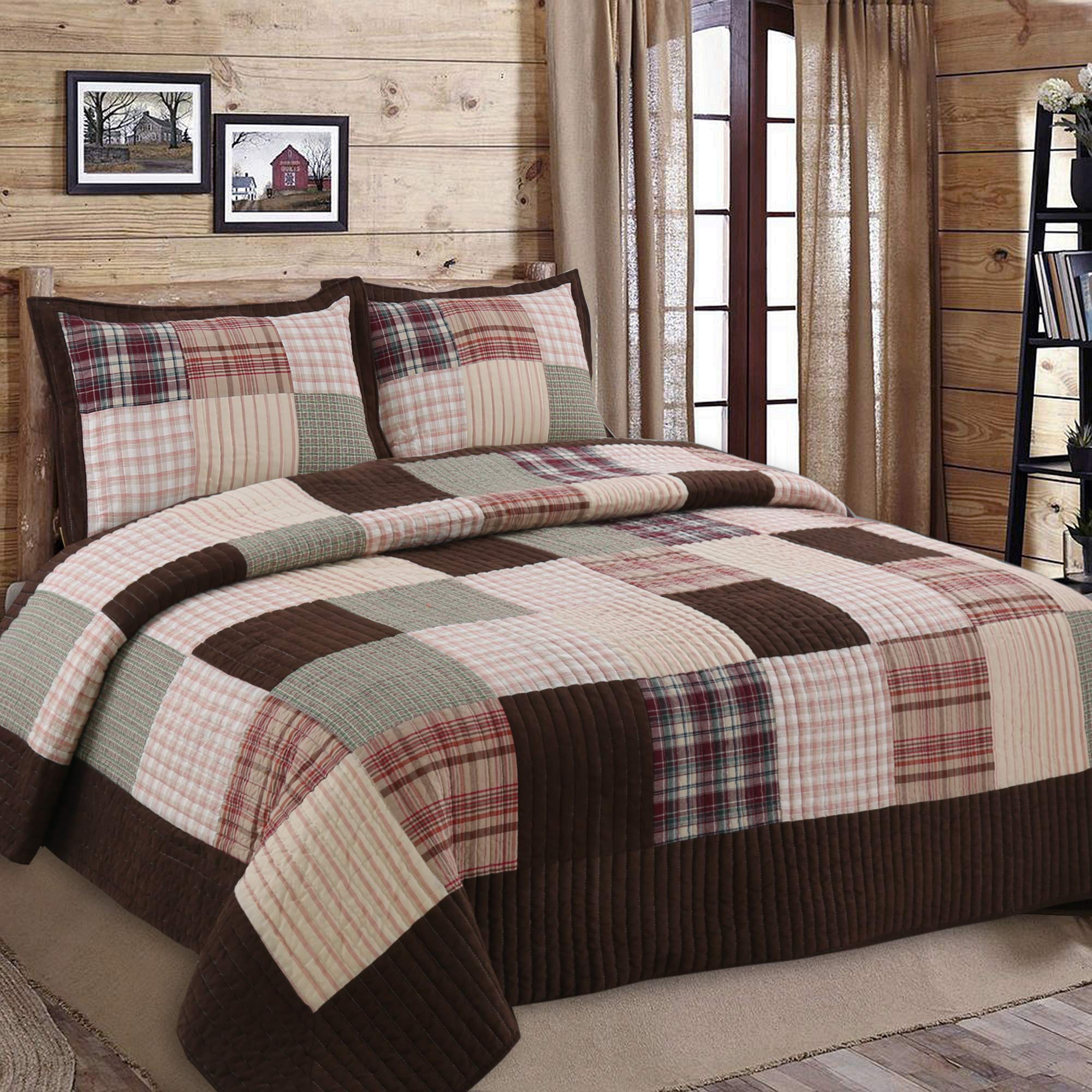 Khaki Red Farmhouse Patchwork Quilt Set, Queen Size 3-Piece Reversible Cotton Bedding