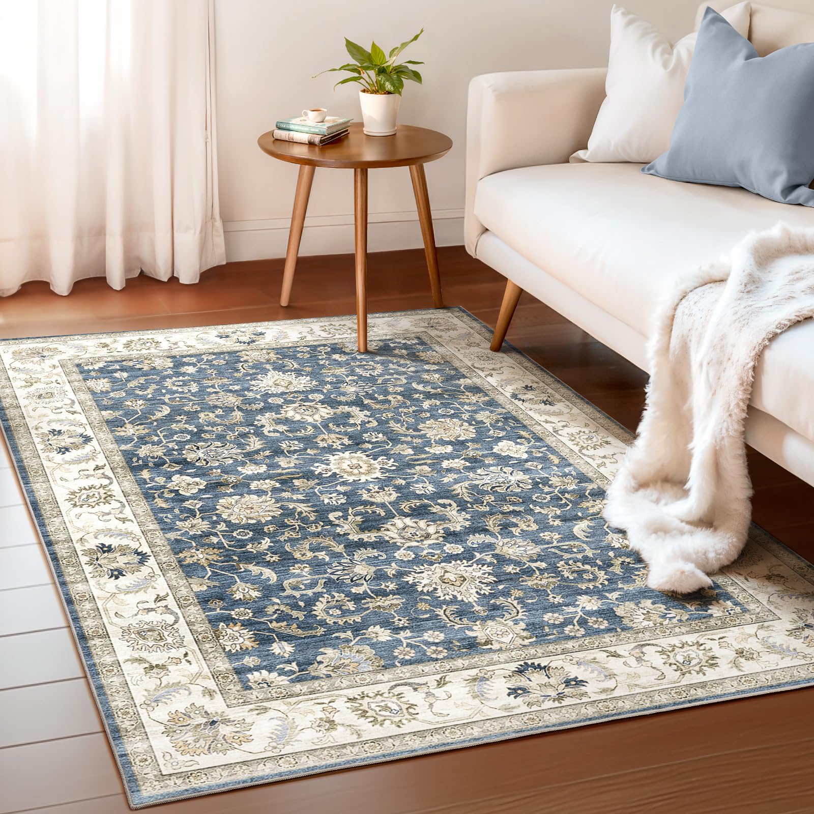 WITSHOCK 10x14 Area Rugs Living Room: Washable Large Neutral Vintage Soft Rug Stain Resistant Non-Slip Farmhouse Indoor Low Pile Floor Carpet for Bedroom Nursery Kids Office- Light Blue