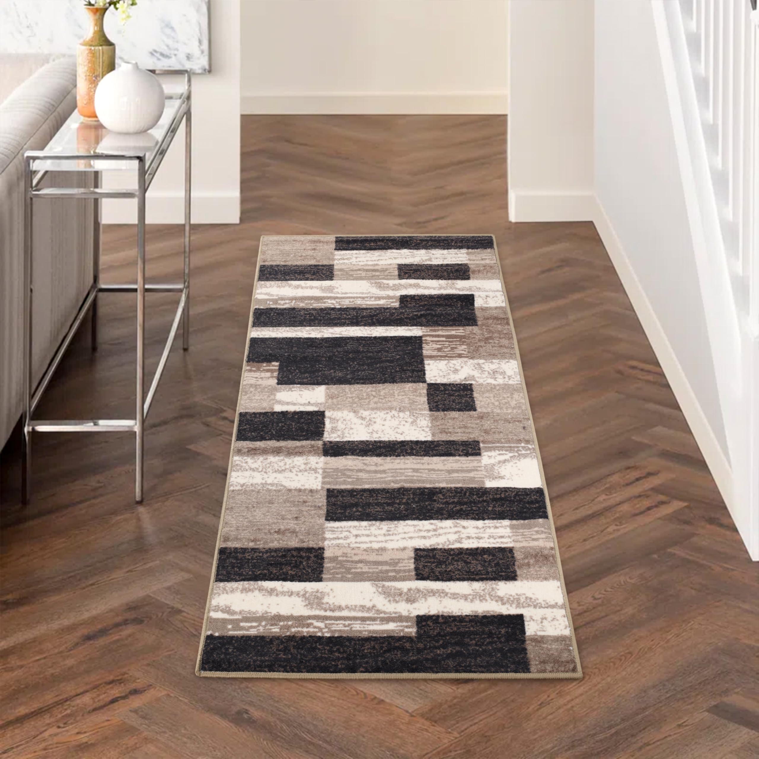 SUPERIOR Indoor Area Rug, Jute Backed, Modern Geometric Patchwork Floor Decor for Bedroom, Office, Living Room, Entryway, Hardwood Floors, Rockwood Collection, 4' x 6', Chocolate