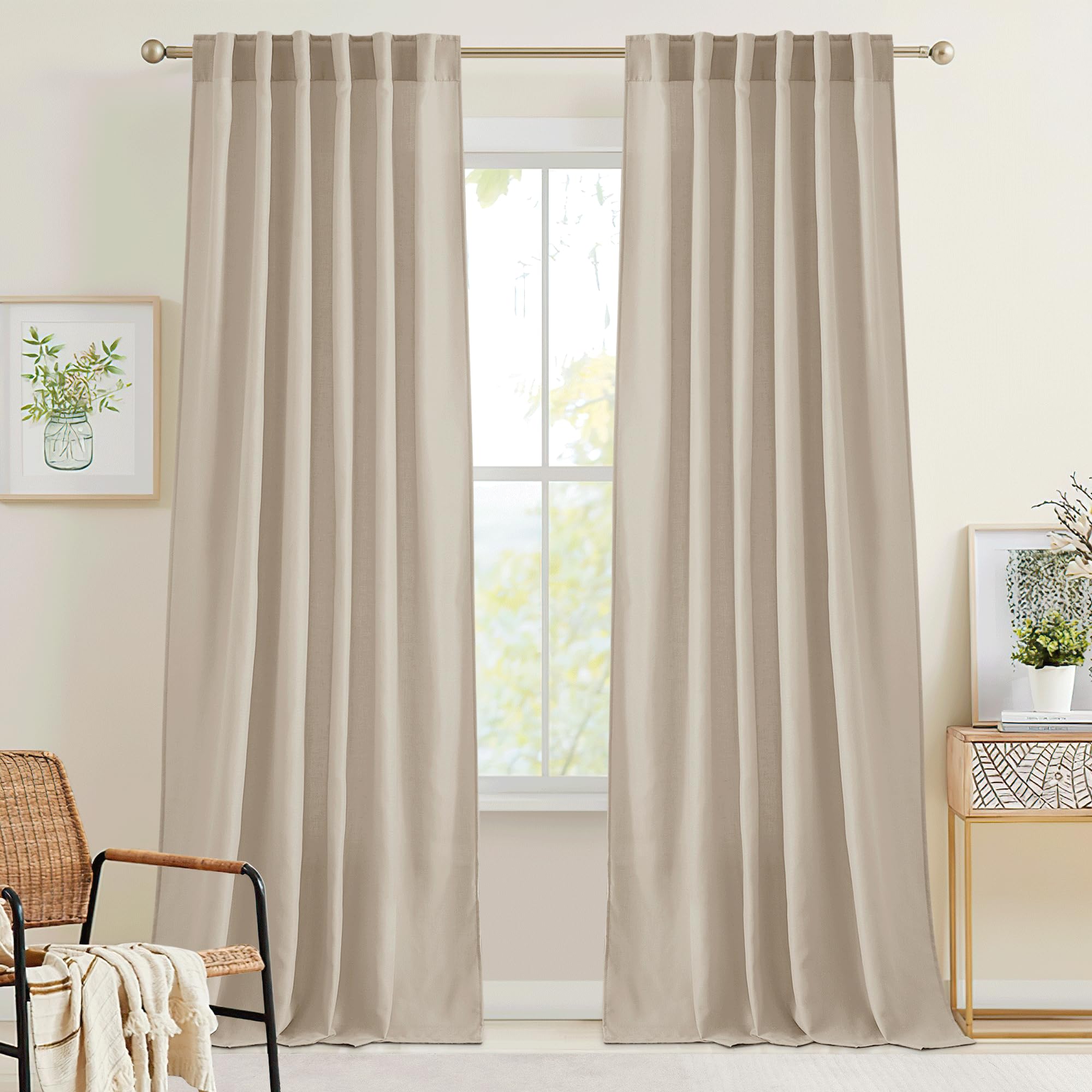 RYB HOME Semi Sheer Curtains - Linen Blend Privacy Curtains Sheer Window Treatment Drapes Farmhouse Decor for Bedroom Living Room Sliding Glass Door, 52 inch Wide x 95 inch Long 2 Panels, Linen