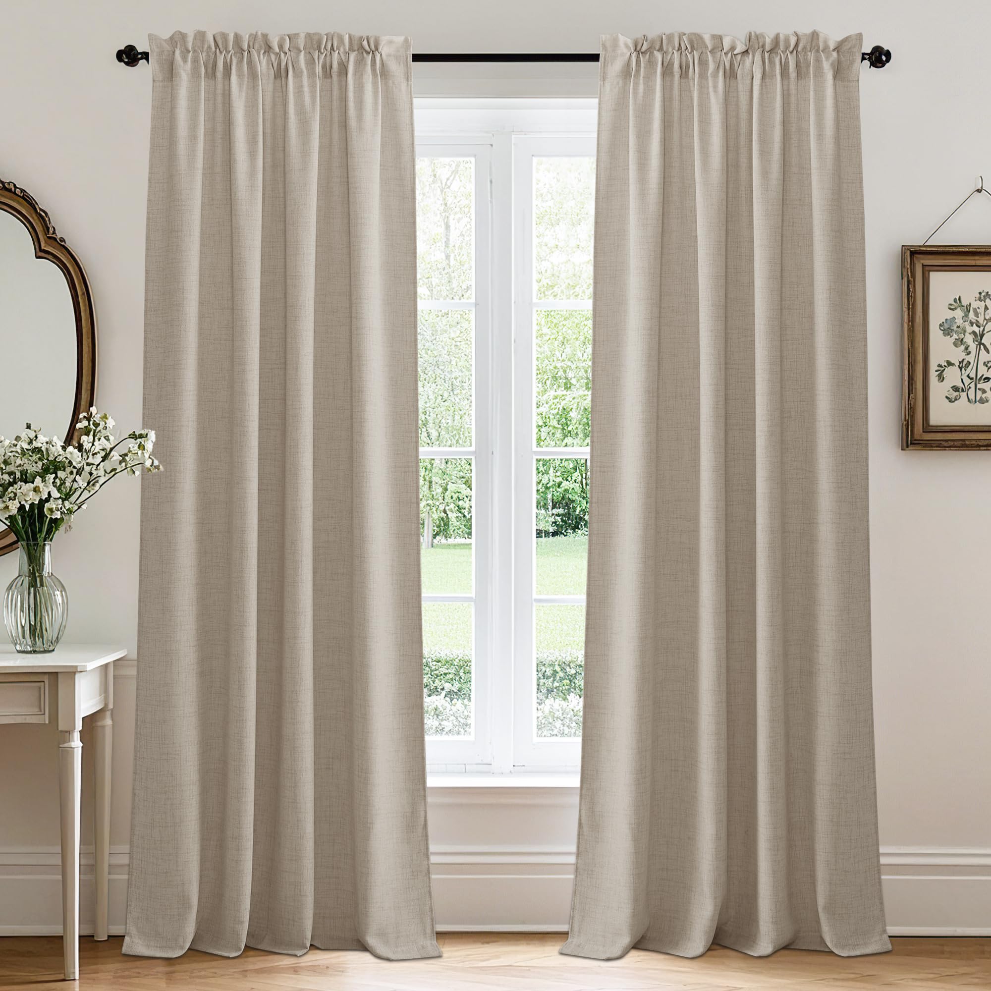 RYB HOME Semi Sheer Curtains - Linen Blend Privacy Curtains Sheer Window Treatment Drapes Farmhouse Decor for Bedroom Living Room Sliding Glass Door, 52 inch Wide x 95 inch Long 2 Panels, Linen
