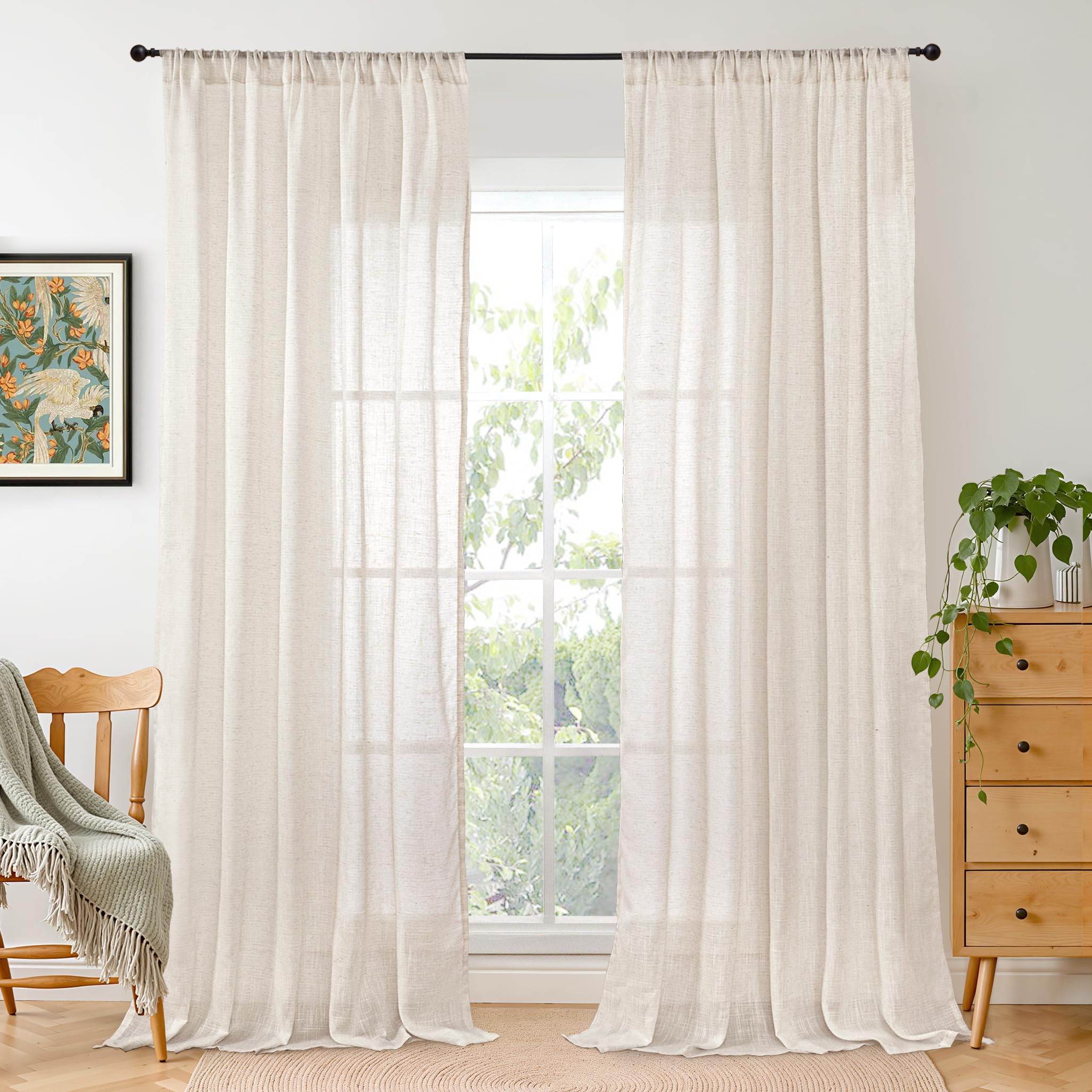 BGment 80 Inches Long Natural Linen Curtains 2 Panels Set - Burlap Light Filtering Window Drapes with Rod Pocket Semi Sheer for Farmhouse Bedroom Decor Rustic, 52 Inch Wide Each Panel