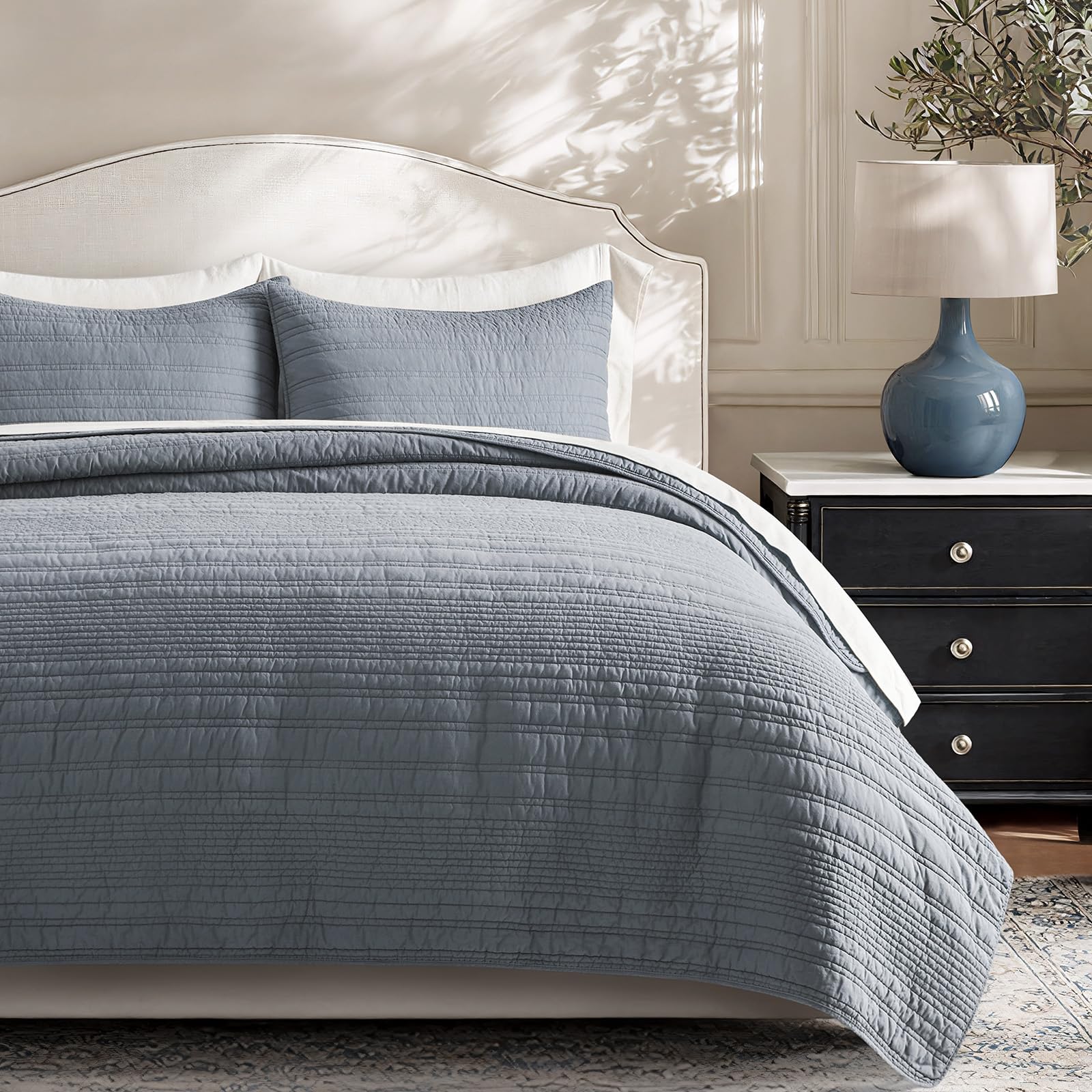 EVERGRACEHOME 100% Cotton Modern Lines Quilt Set Queen Size, Pre-Washed Soft Striped Coverlet Bedspread, 3 Piece Lightweight Bedding Set for All Season, with 2 Pillow Shams, Stone Taupe