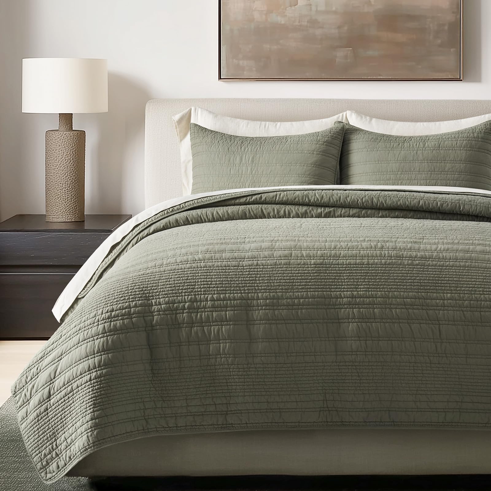 EVERGRACEHOME 100% Cotton Modern Lines Quilt Set Queen Size, Pre-Washed Soft Striped Coverlet Bedspread, 3 Piece Lightweight Bedding Set for All Season, with 2 Pillow Shams, Stone Taupe
