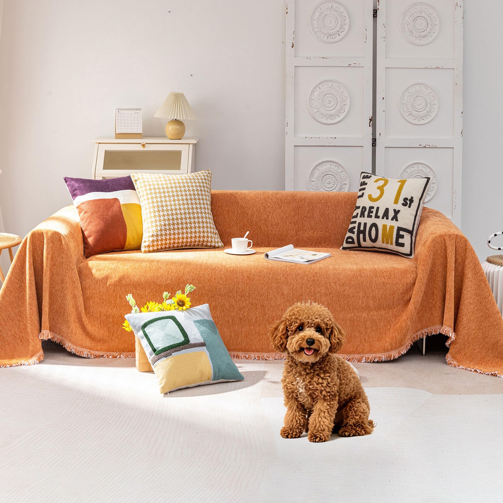 VClife Boho Couch Cover, Washable Sofa Cover for Dog, Non Slip Couch Covers for 3 Cushion Couch, Modern Khaki Creamy White Geometric Sofa Slipcovers Multi-Functional Furniture Protector 71'' x 134''
