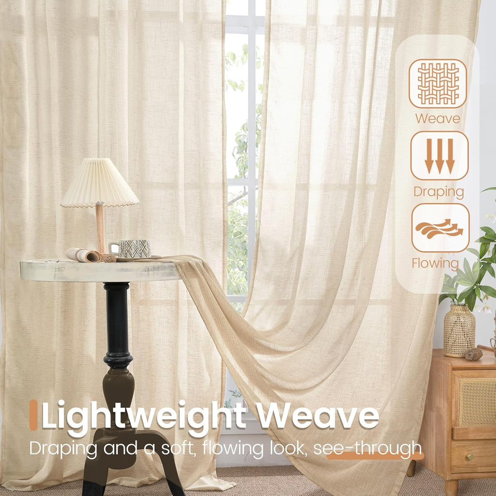 BGment 80 Inches Long Natural Linen Curtains 2 Panels Set - Burlap Light Filtering Window Drapes with Rod Pocket Semi Sheer for Farmhouse Bedroom Decor Rustic, 52 Inch Wide Each Panel