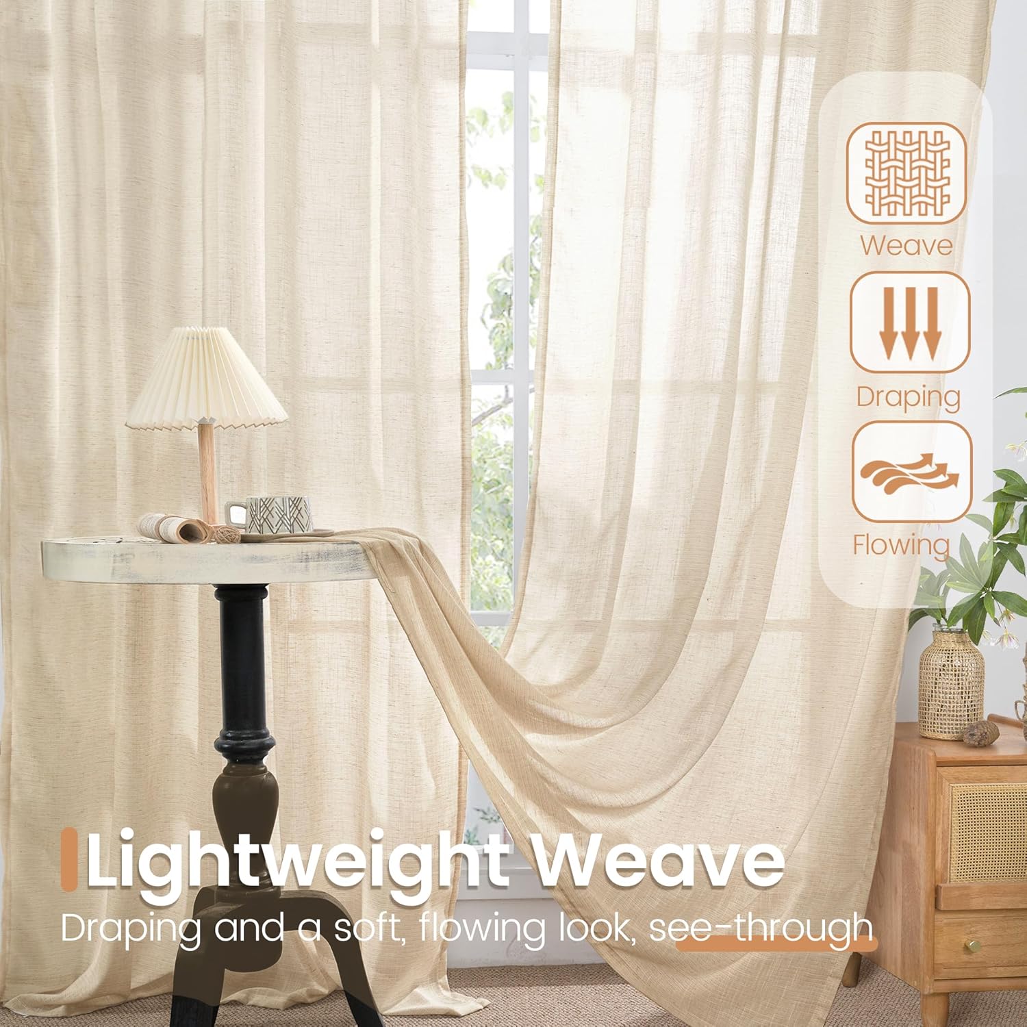 BGment 80 Inches Long Natural Linen Curtains 2 Panels Set - Burlap Light Filtering Window Drapes with Rod Pocket Semi Sheer for Farmhouse Bedroom Decor Rustic, 52 Inch Wide Each Panel