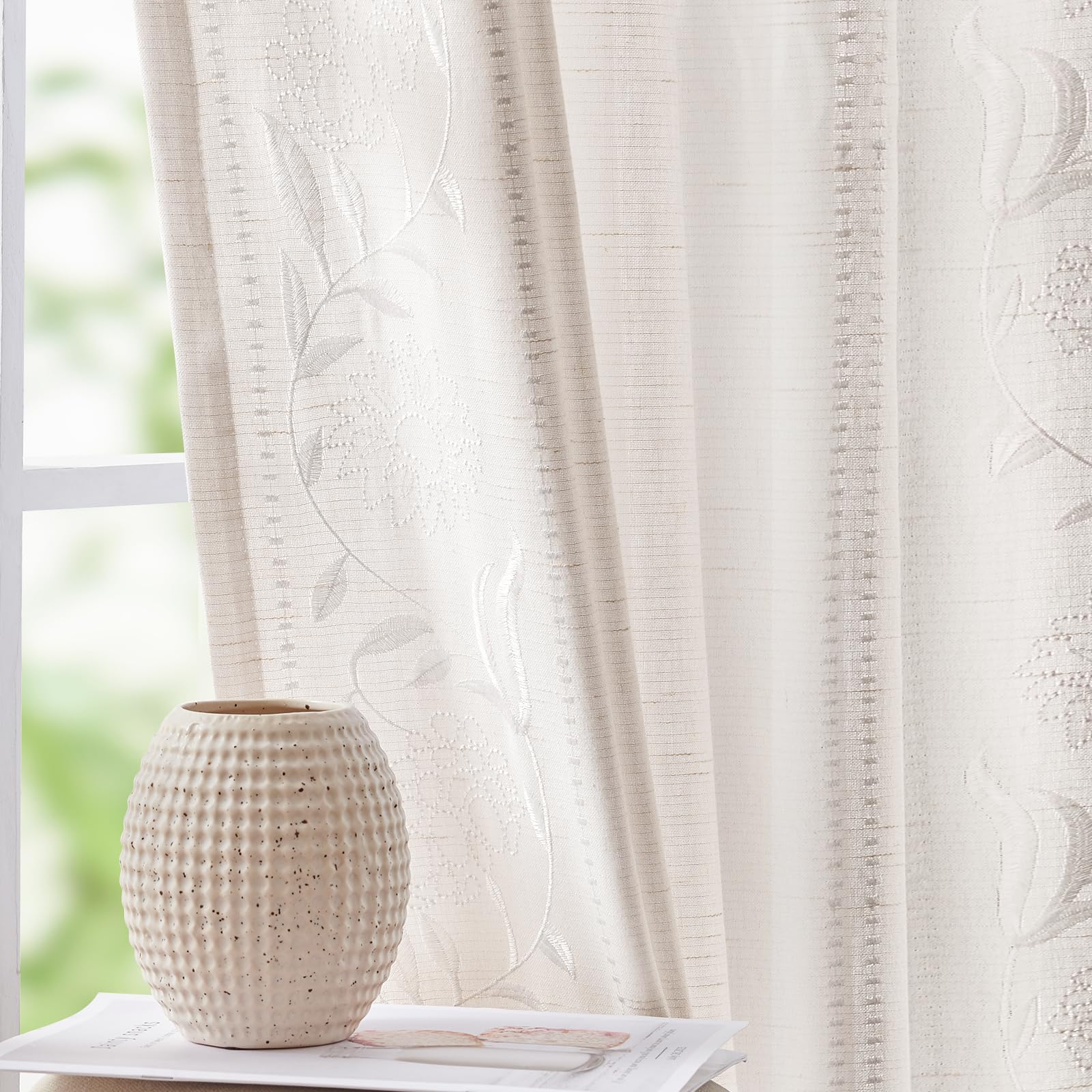 jinchan Winslow Linen Curtains for Bedroom 84 Inches Length Embroidered Bordered Floral Curtains for Living Room Farmhouse Decor Light Filtering Window Treatments Blue on Beige Drapes 2 Panels