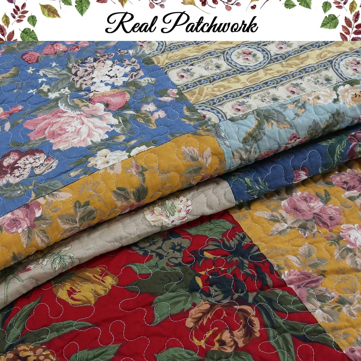 Khaki Red Farmhouse Patchwork Quilt Set, Queen Size 3-Piece Reversible Cotton Bedding