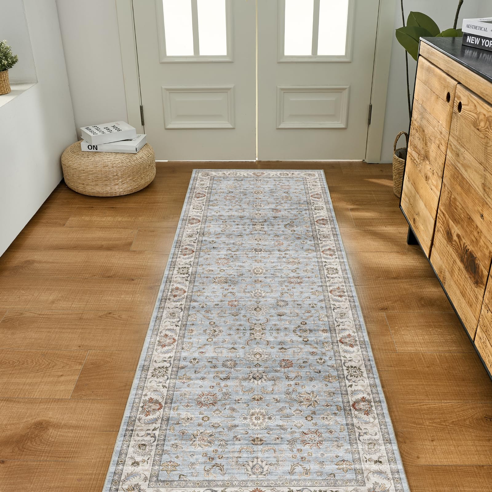 WITSHOCK 10x14 Area Rugs Living Room: Washable Large Neutral Vintage Soft Rug Stain Resistant Non-Slip Farmhouse Indoor Low Pile Floor Carpet for Bedroom Nursery Kids Office- Light Blue