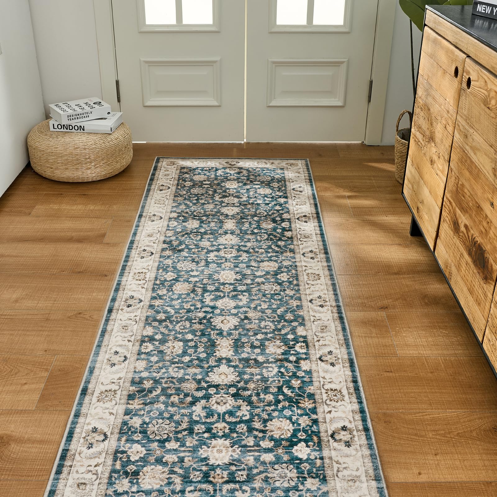 WITSHOCK 10x14 Area Rugs Living Room: Washable Large Neutral Vintage Soft Rug Stain Resistant Non-Slip Farmhouse Indoor Low Pile Floor Carpet for Bedroom Nursery Kids Office- Light Blue