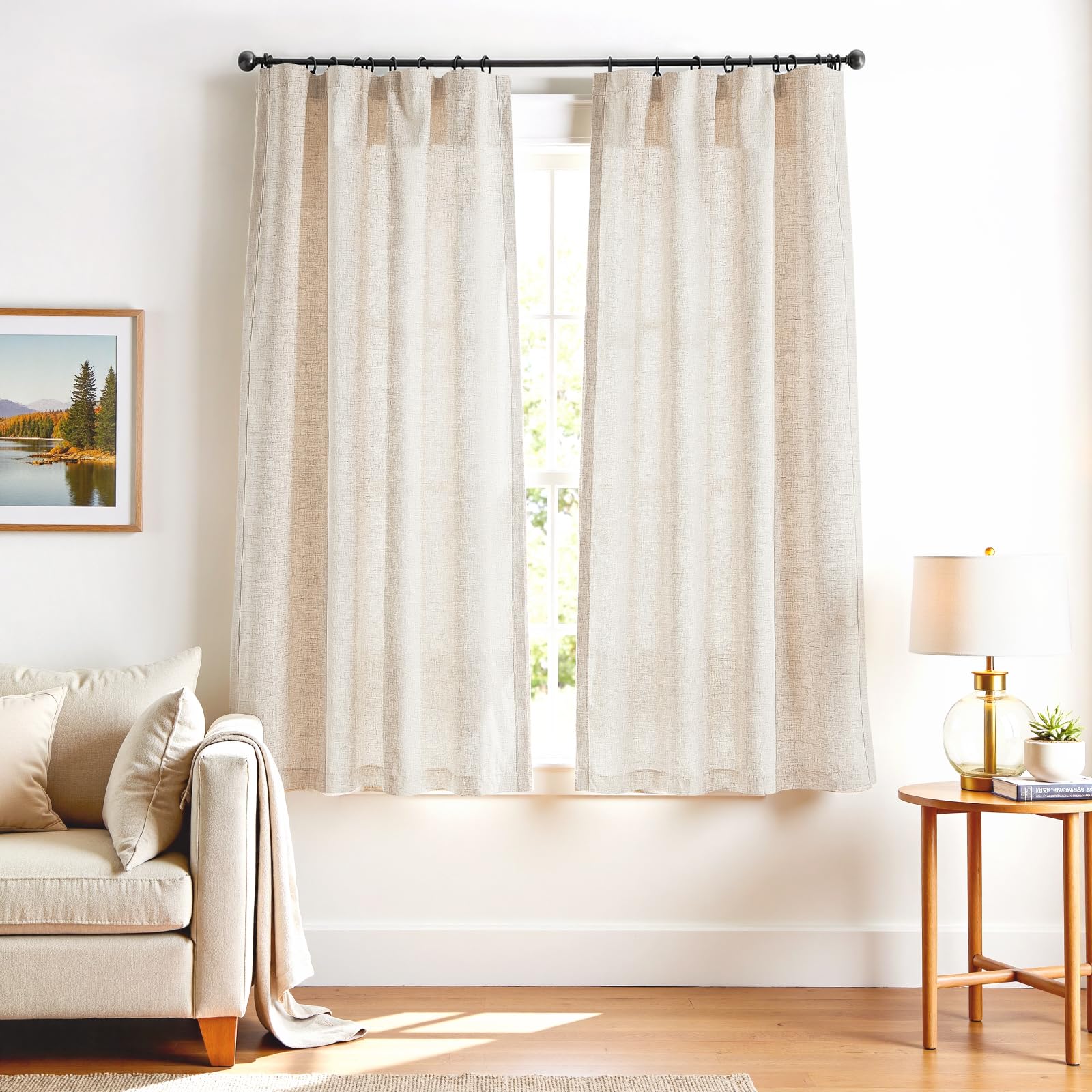 Linen Curtains for Living Room Bedroom 84 Inches Long Thick Linen Textured Beige Curtains Light Filtering Natural Semi Sheer Farmhouse Window Drapes, Country Rustic Drapes 2 Panels Back Tab/Rod Pocket