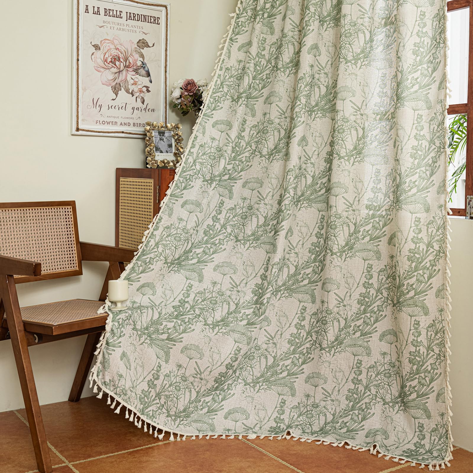 Green Boho Floral Curtains 84", 2 Panels Cotton Linen Semi-Blackout Drapes with Tassel