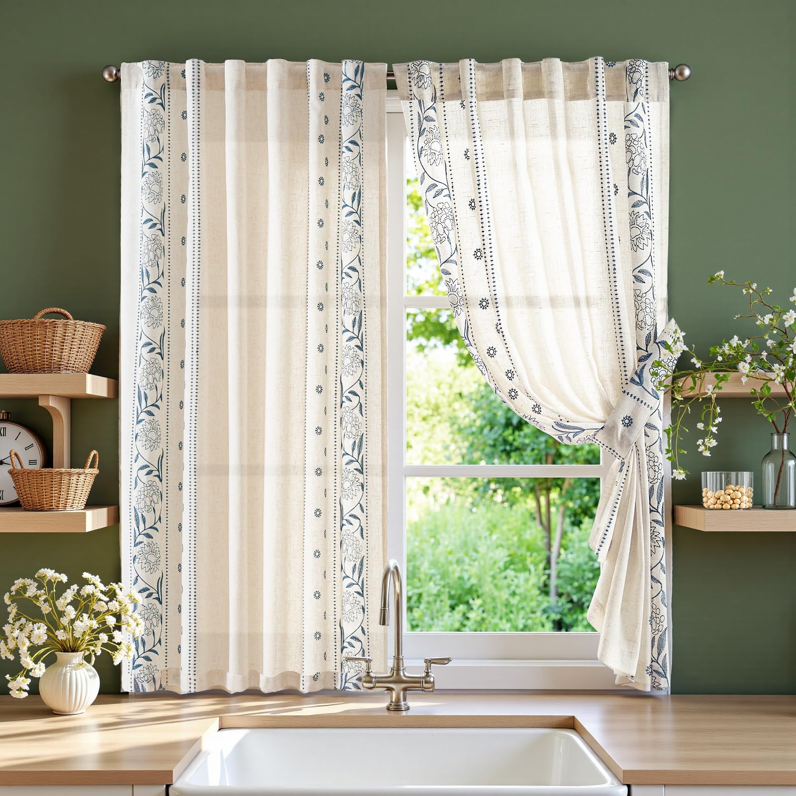 jinchan Winslow Linen Curtains for Bedroom 84 Inches Length Embroidered Bordered Floral Curtains for Living Room Farmhouse Decor Light Filtering Window Treatments Blue on Beige Drapes 2 Panels