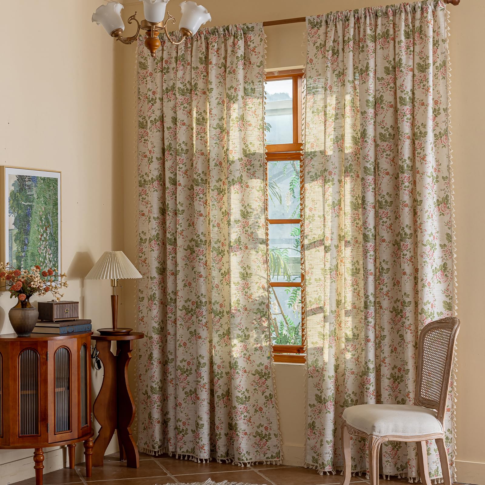 Green Boho Floral Curtains 84", 2 Panels Cotton Linen Semi-Blackout Drapes with Tassel