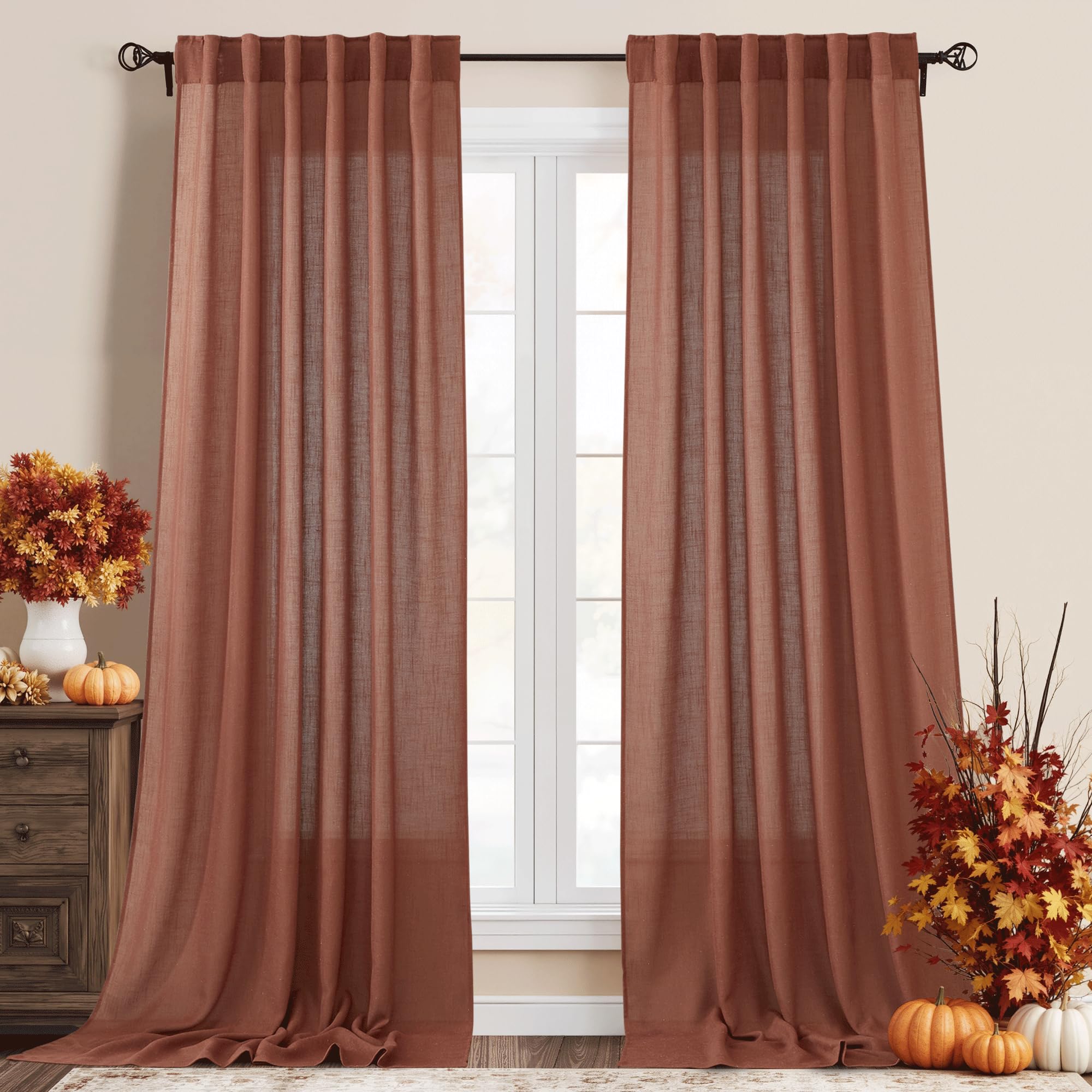 RYB HOME Semi Sheer Curtains - Linen Blend Privacy Curtains Sheer Window Treatment Drapes Farmhouse Decor for Bedroom Living Room Sliding Glass Door, 52 inch Wide x 95 inch Long 2 Panels, Linen