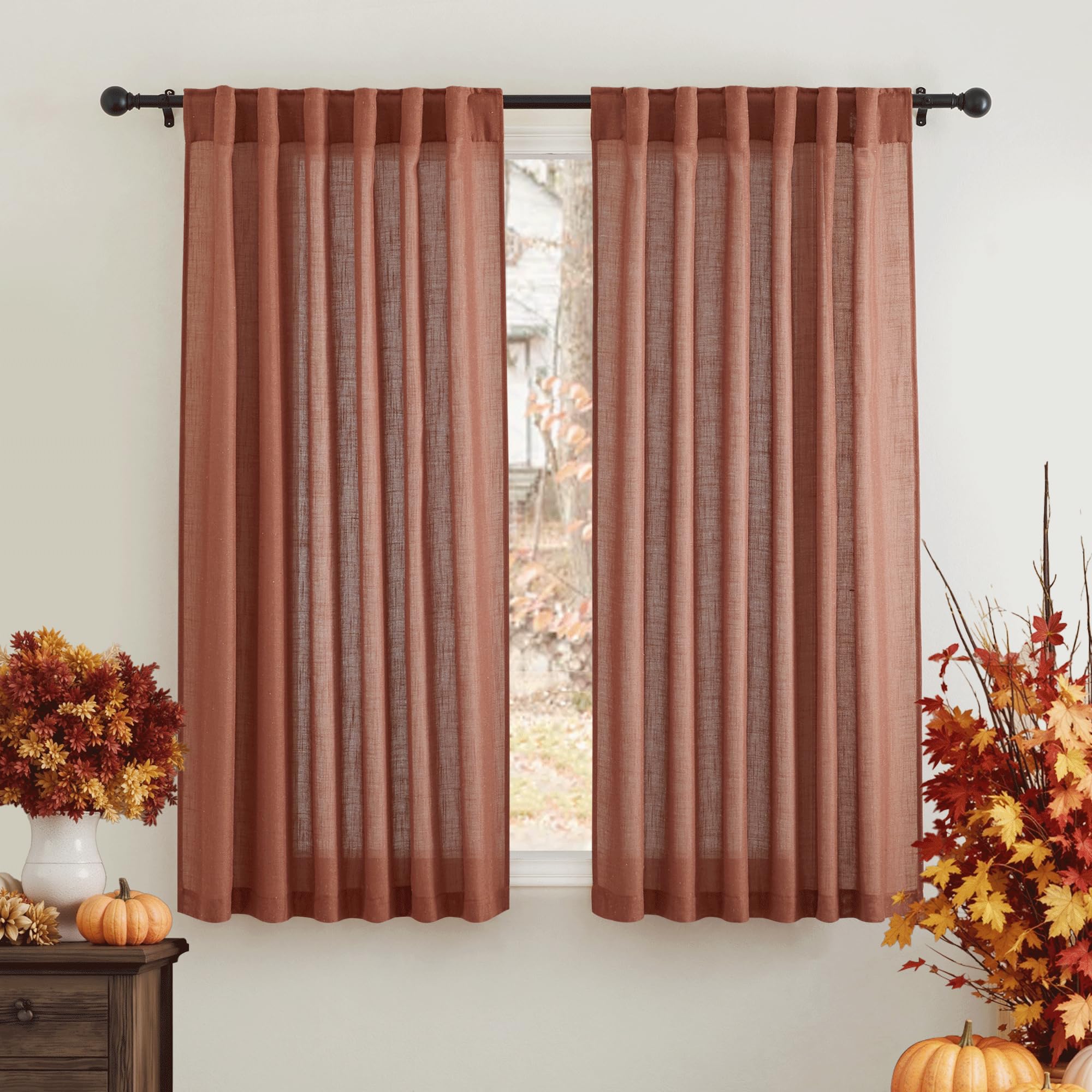 RYB HOME Semi Sheer Curtains - Linen Blend Privacy Curtains Sheer Window Treatment Drapes Farmhouse Decor for Bedroom Living Room Sliding Glass Door, 52 inch Wide x 95 inch Long 2 Panels, Linen