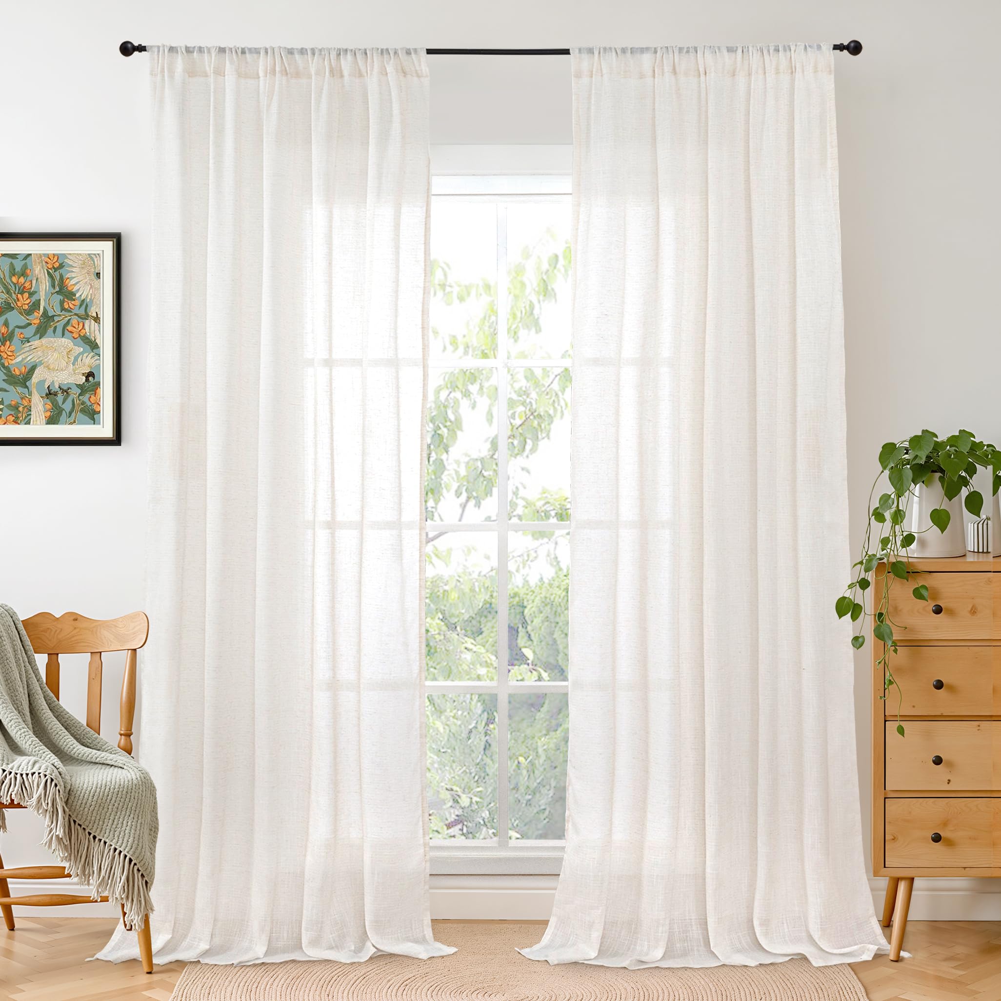 BGment 80 Inches Long Natural Linen Curtains 2 Panels Set - Burlap Light Filtering Window Drapes with Rod Pocket Semi Sheer for Farmhouse Bedroom Decor Rustic, 52 Inch Wide Each Panel