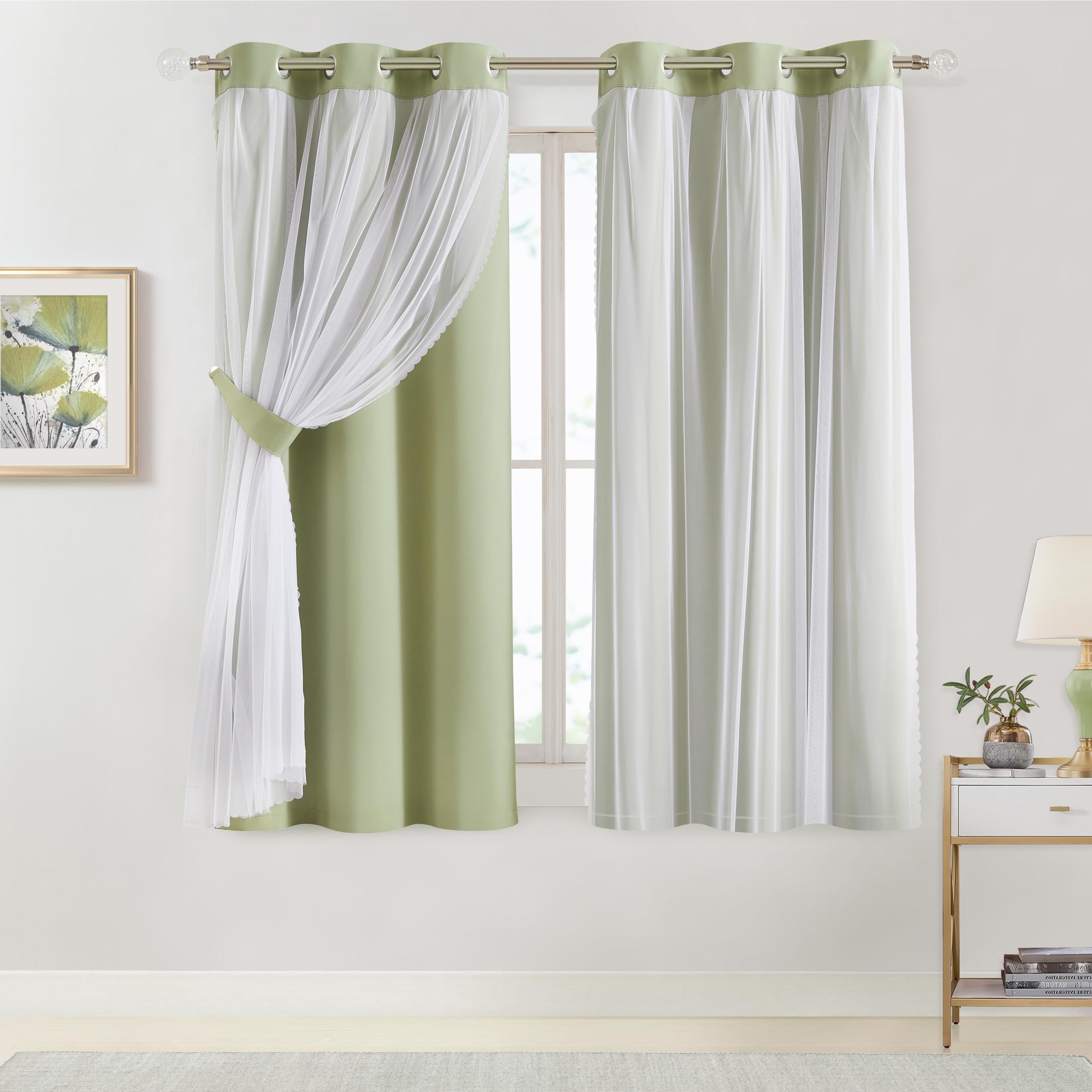 Bujasso Beige 90% Blackout Curtains with Sheer Overlay Mix and Match Double Layer Thermal Insulated Window Panels 84 inch for Living Room Bedroom Beige Drapes with Tiebacks Grommet Top 37" Wx84 Lx2