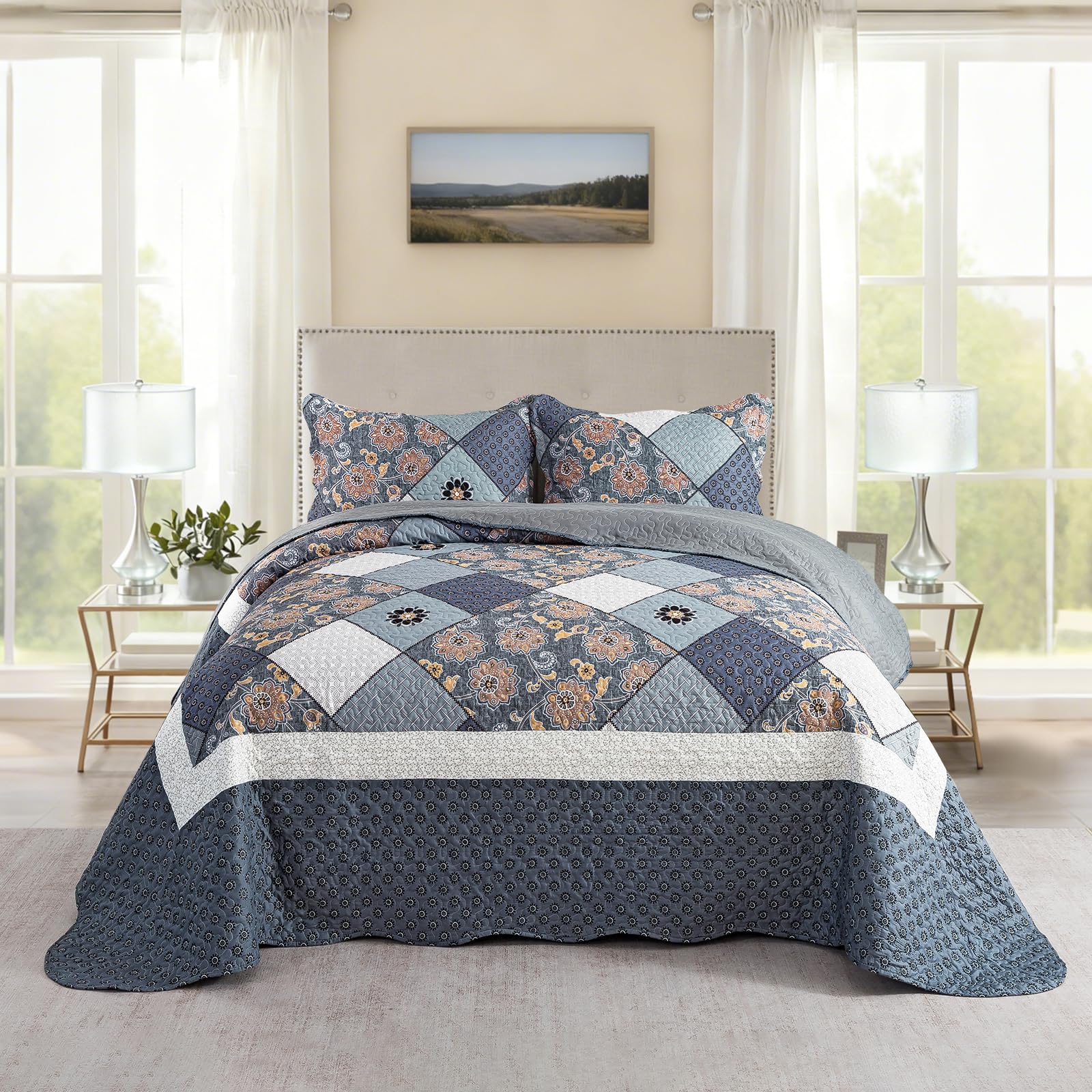NEWLAKE Quilt Set Queen Size, 100% Cotton Patchwork Green Bohemian Quilt Sets, Reversible Bedspread Lightweight and Breathable for All Seasons, Soft Quilted Bedspread with 2 Pillow Shams