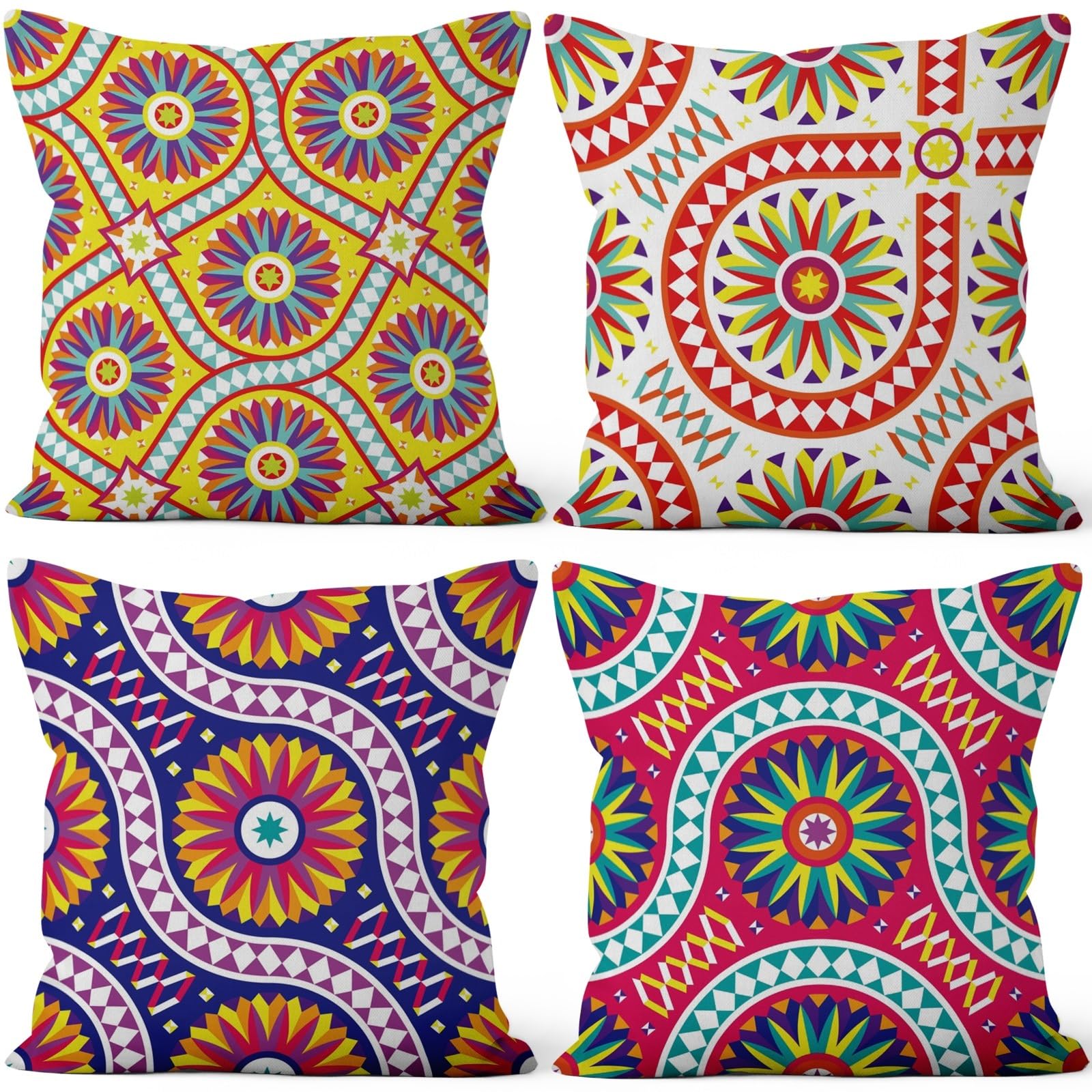4 Pcs/Set Geometric Pillow Covers Boho Abstract Strips Patchwork Color Geometric Ethnic Colorful Vintage Artwork Linen Throw Cushion Cases for Couch Sofa Bedroom Decorative, 22"x22"