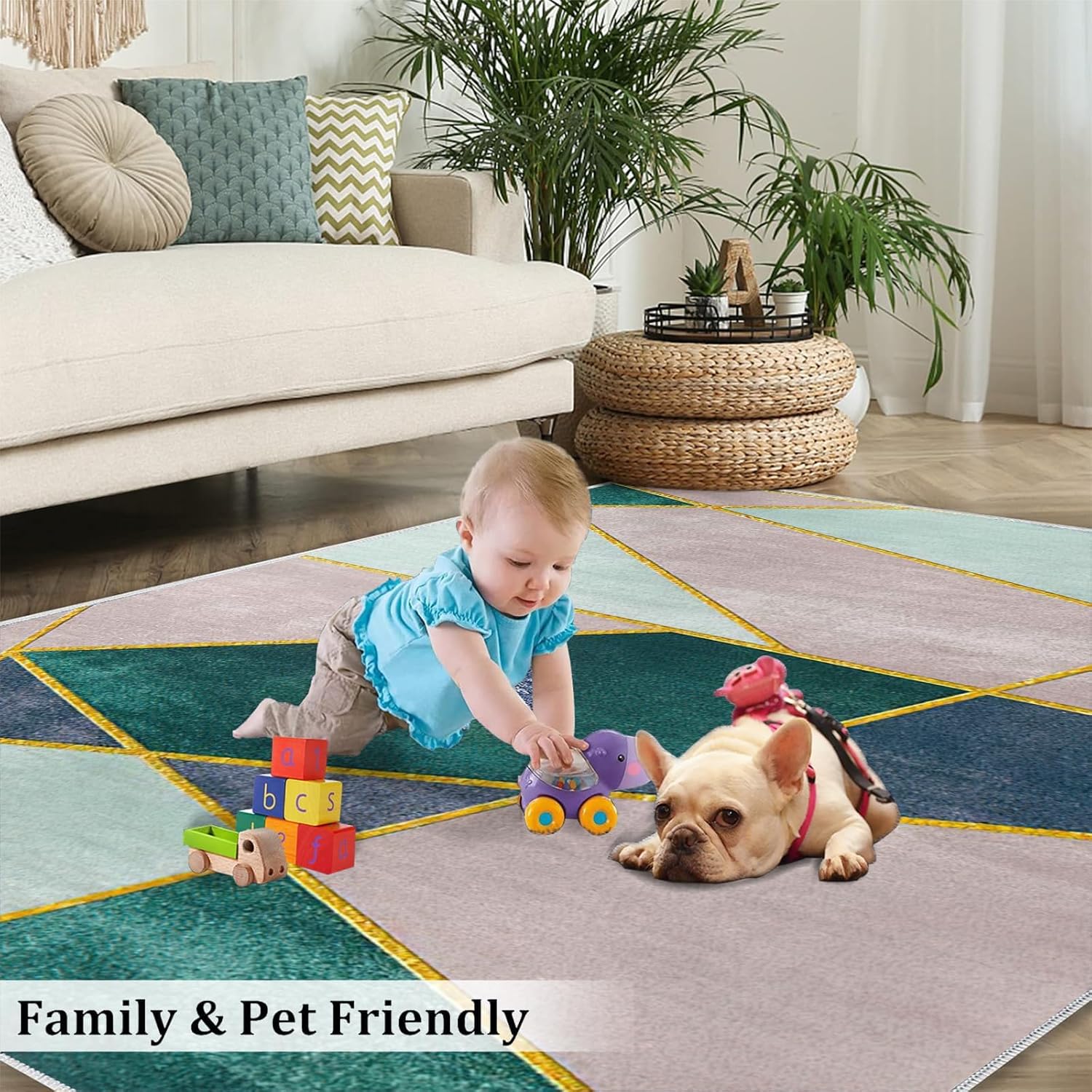 5x6 Area Rug Nordic Light Luxury Rugs for Bedroom, Emerald Green Pink Blue Gold Geometric Bedroom Rug Aesthetic Easy to Clean for Indoor Outdoor Hardwood Floors Home Decor
