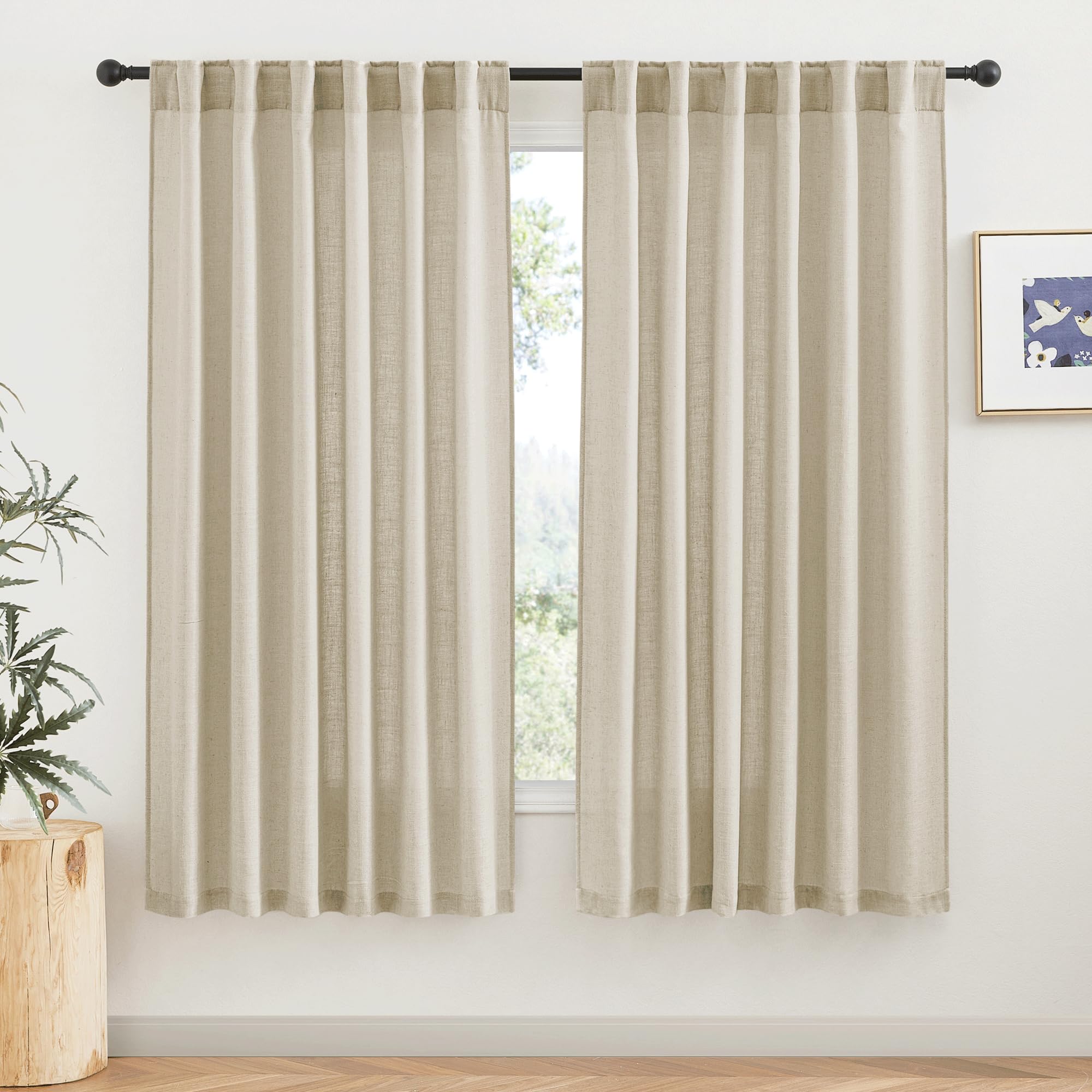 RYB HOME Semi Sheer Curtains - Linen Blend Privacy Curtains Sheer Window Treatment Drapes Farmhouse Decor for Bedroom Living Room Sliding Glass Door, 52 inch Wide x 95 inch Long 2 Panels, Linen