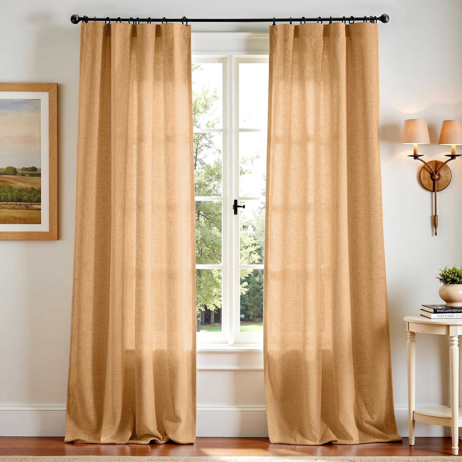 Linen Curtains for Living Room Bedroom 84 Inches Long Thick Linen Textured Beige Curtains Light Filtering Natural Semi Sheer Farmhouse Window Drapes, Country Rustic Drapes 2 Panels Back Tab/Rod Pocket