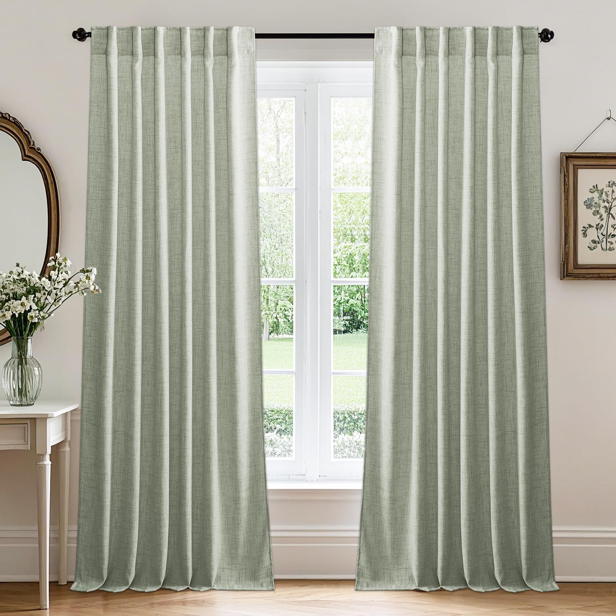 RYB HOME Semi Sheer Curtains - Linen Blend Privacy Curtains Sheer Window Treatment Drapes Farmhouse Decor for Bedroom Living Room Sliding Glass Door, 52 inch Wide x 95 inch Long 2 Panels, Linen