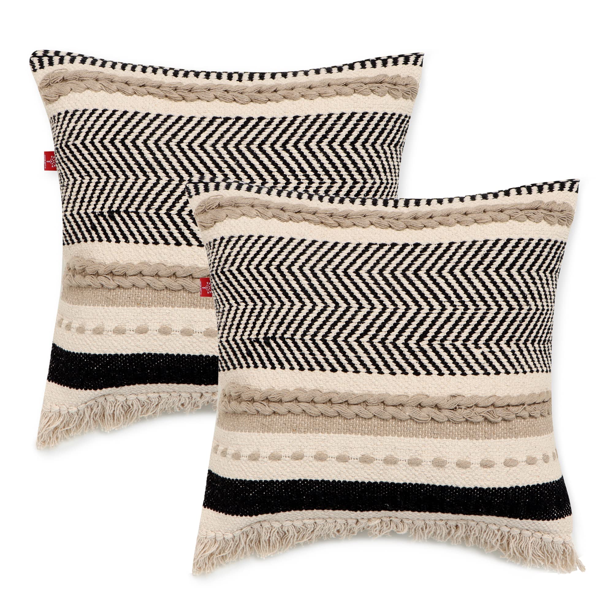 REDEARTH Handmade Boho Throw Pillow Covers - Bohemian Chic Farmhouse Style - Accent Woven Indoor and Outdoor Pillow Cushion Cases for Couch - Bed - Chair - Sofa - Benches – Set of 2-18"x18" - Taupe