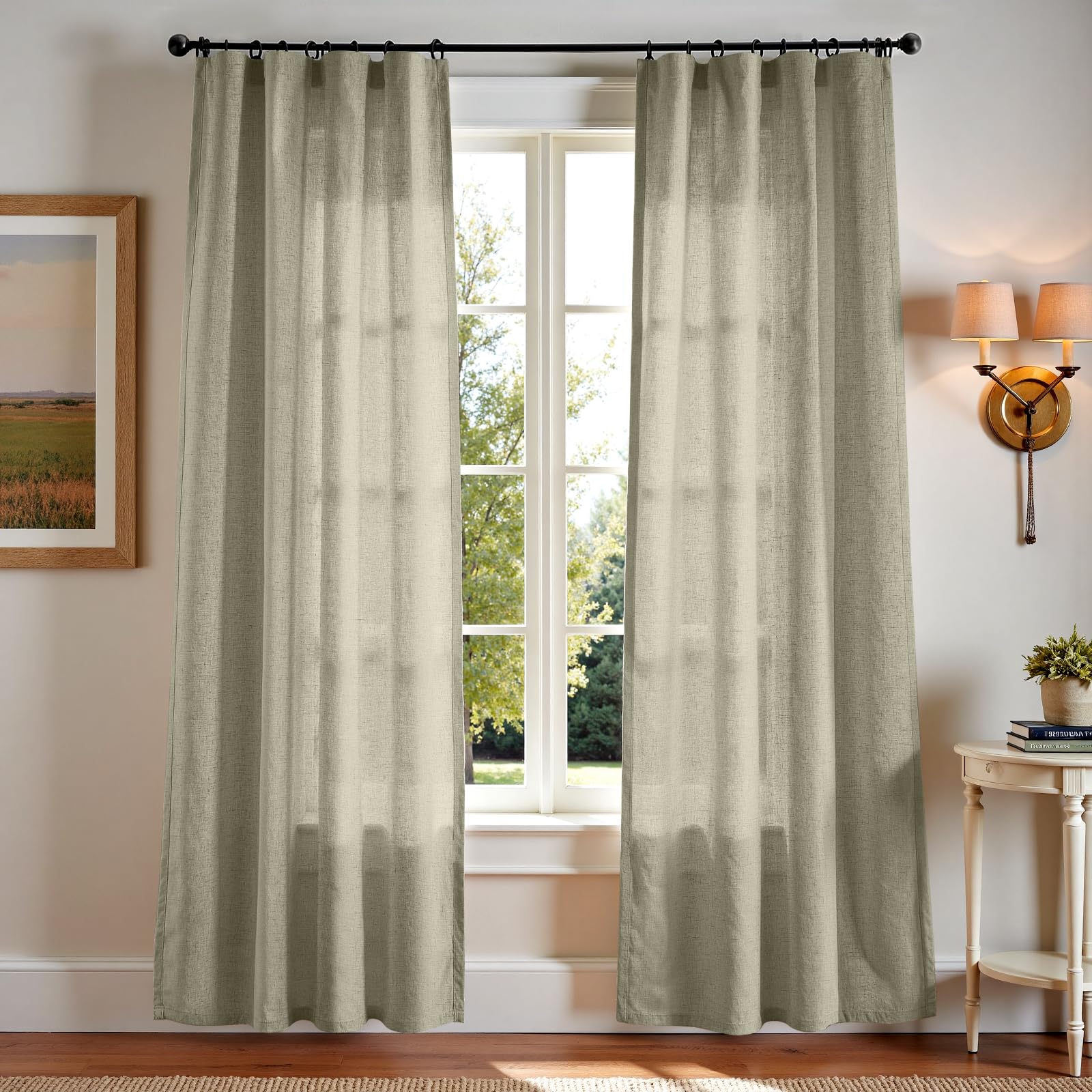 Linen Curtains for Living Room Bedroom 84 Inches Long Thick Linen Textured Beige Curtains Light Filtering Natural Semi Sheer Farmhouse Window Drapes, Country Rustic Drapes 2 Panels Back Tab/Rod Pocket