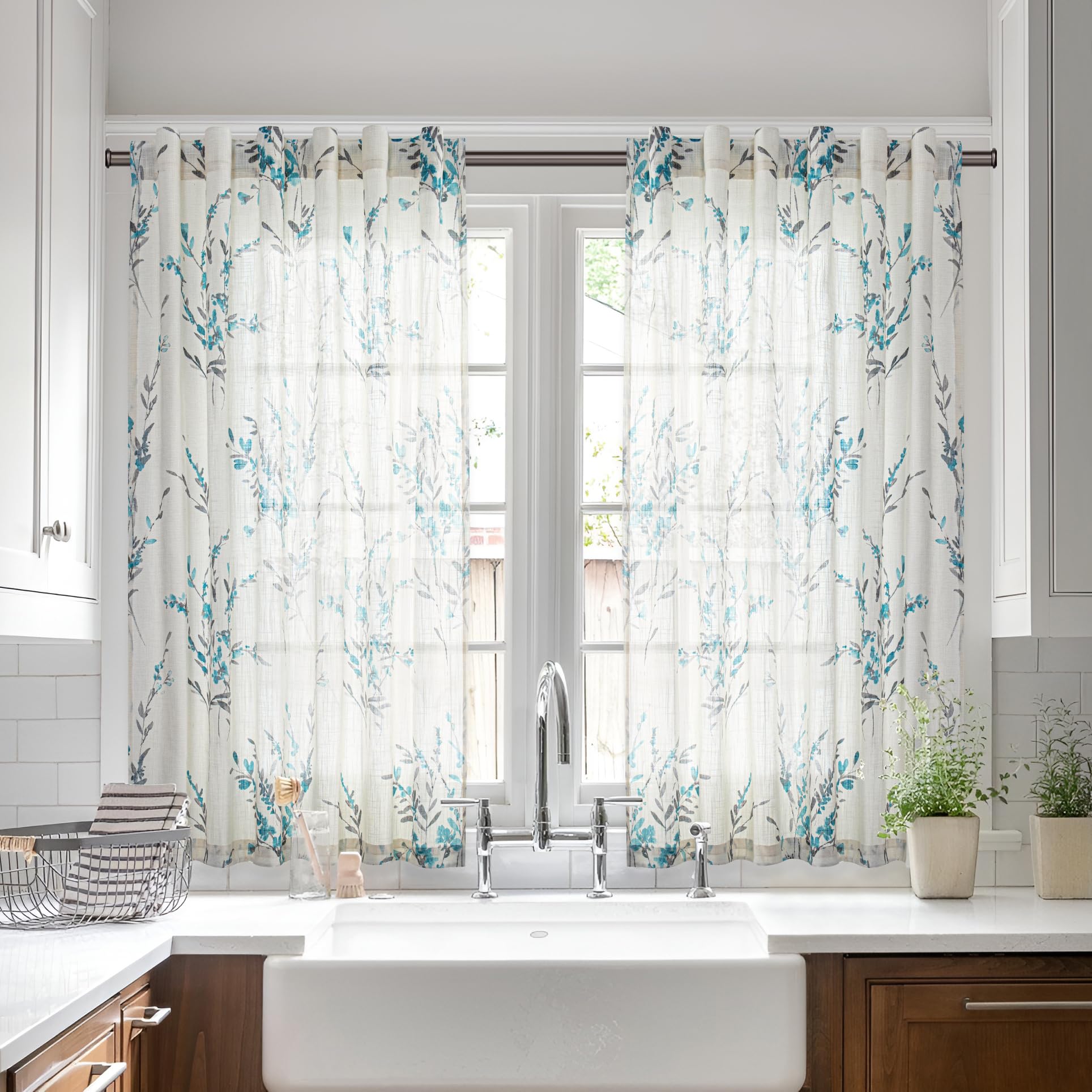 MYSKY HOME Sheer Curtains 84 Inches Long 2 Panels Linen Blended Farmhouse Curtains & Drapes for Living Room Bedroom, Light Filtering Privacy Curtains Floral Printed Classical Home Decor, Navy Blue(2)