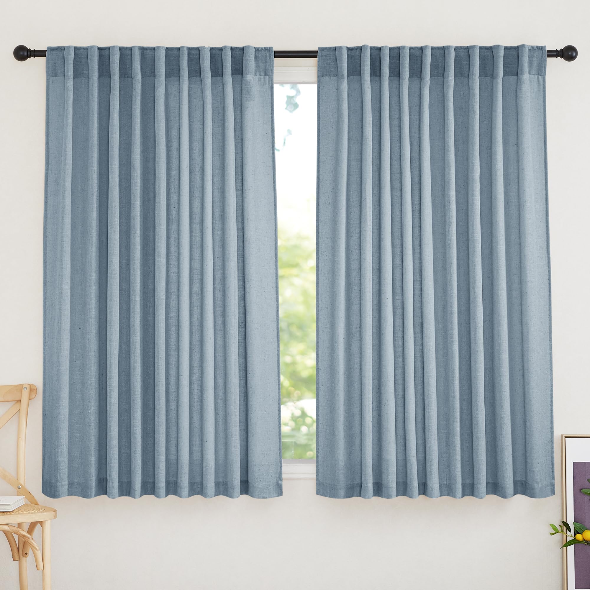 RYB HOME Semi Sheer Curtains - Linen Blend Privacy Curtains Sheer Window Treatment Drapes Farmhouse Decor for Bedroom Living Room Sliding Glass Door, 52 inch Wide x 95 inch Long 2 Panels, Linen