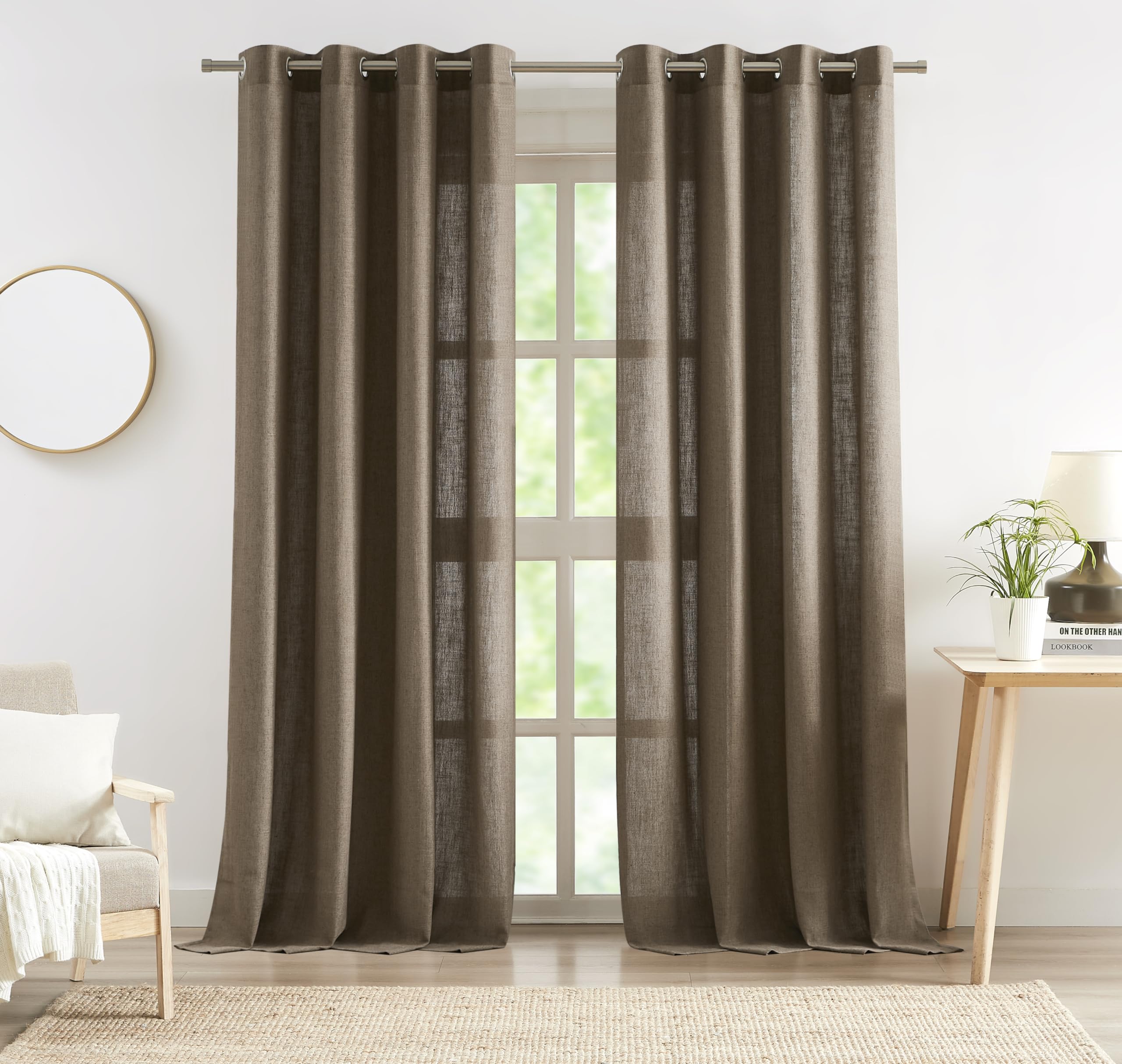2 Panels Soft Green Linen Blend Sheer Curtains 58"x95", Grommet Light Filtering Drapes