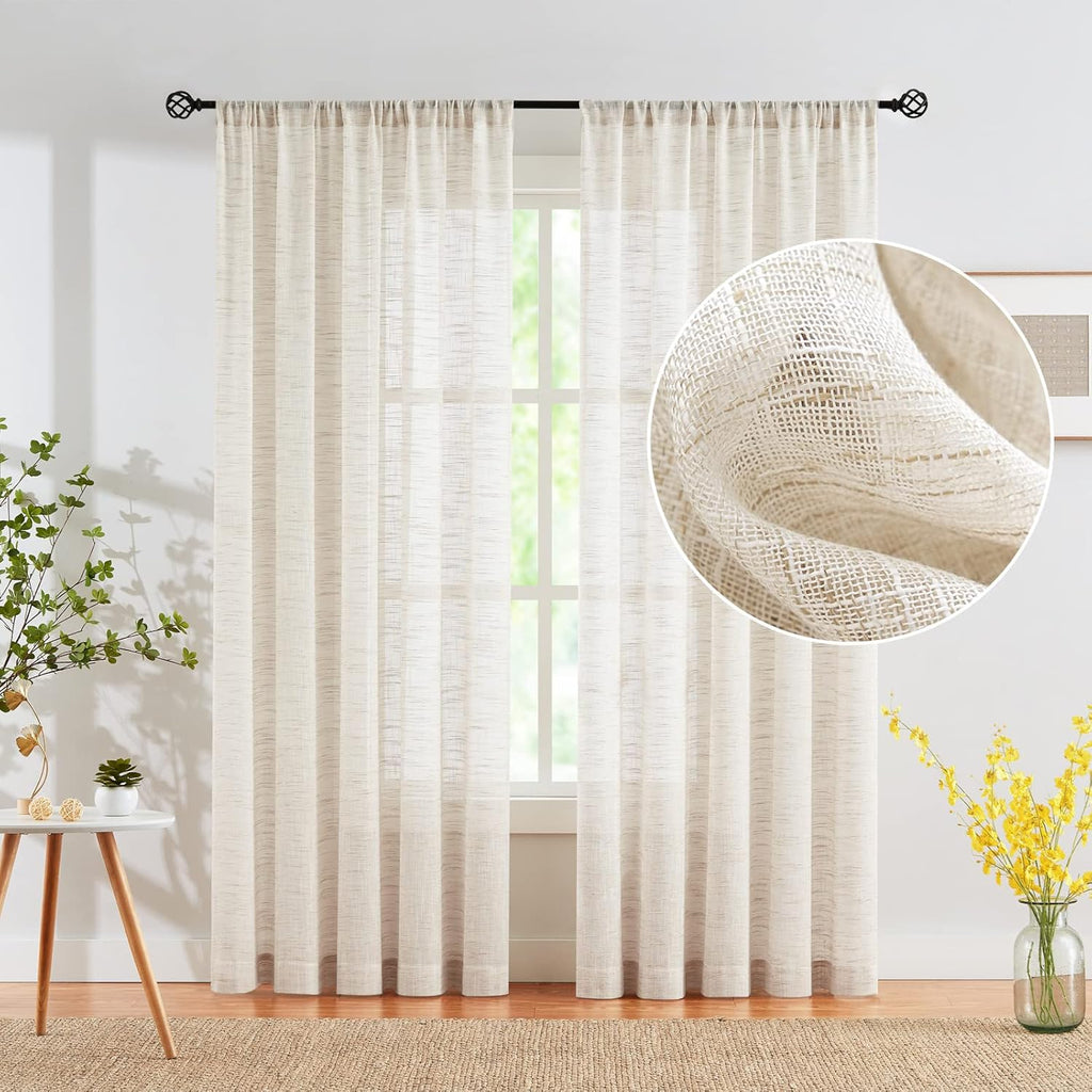 Semi Sheer Curtains for Living Room 95 inch Length Natural Linen Semi Sheer Curtain Drapes for Bedroom Light Filtering Farmhouse Country Rustic Window Curtains 52"w 2 Panels Rod Pocket Beige