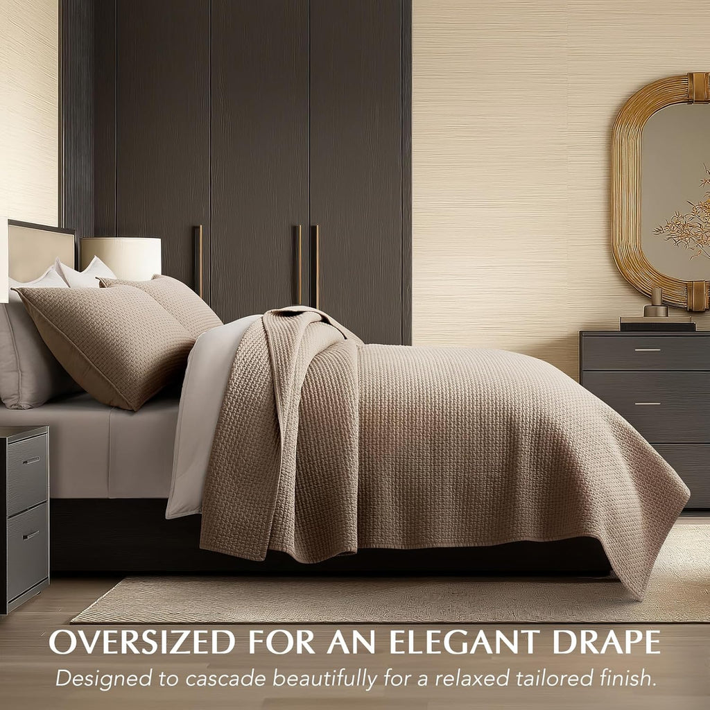 EVERGRACE Cotton Sateen Pick-Stitch Quilt Set Queen Size – 100% Cotton Coverlet Bedding, Pre-Washed Oversized Bedspread, Breathable All-Season Quilt Set with 2 Shams, Stone Taupe