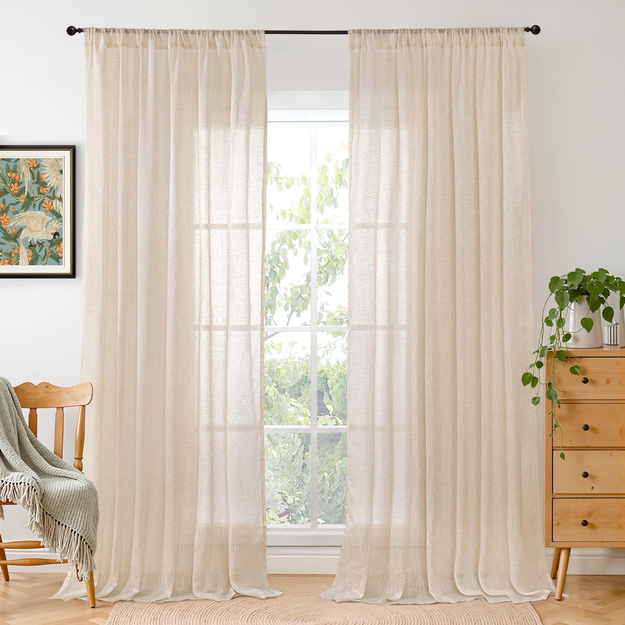 BGment 80 Inches Long Natural Linen Curtains 2 Panels Set - Burlap Light Filtering Window Drapes with Rod Pocket Semi Sheer for Farmhouse Bedroom Decor Rustic, 52 Inch Wide Each Panel
