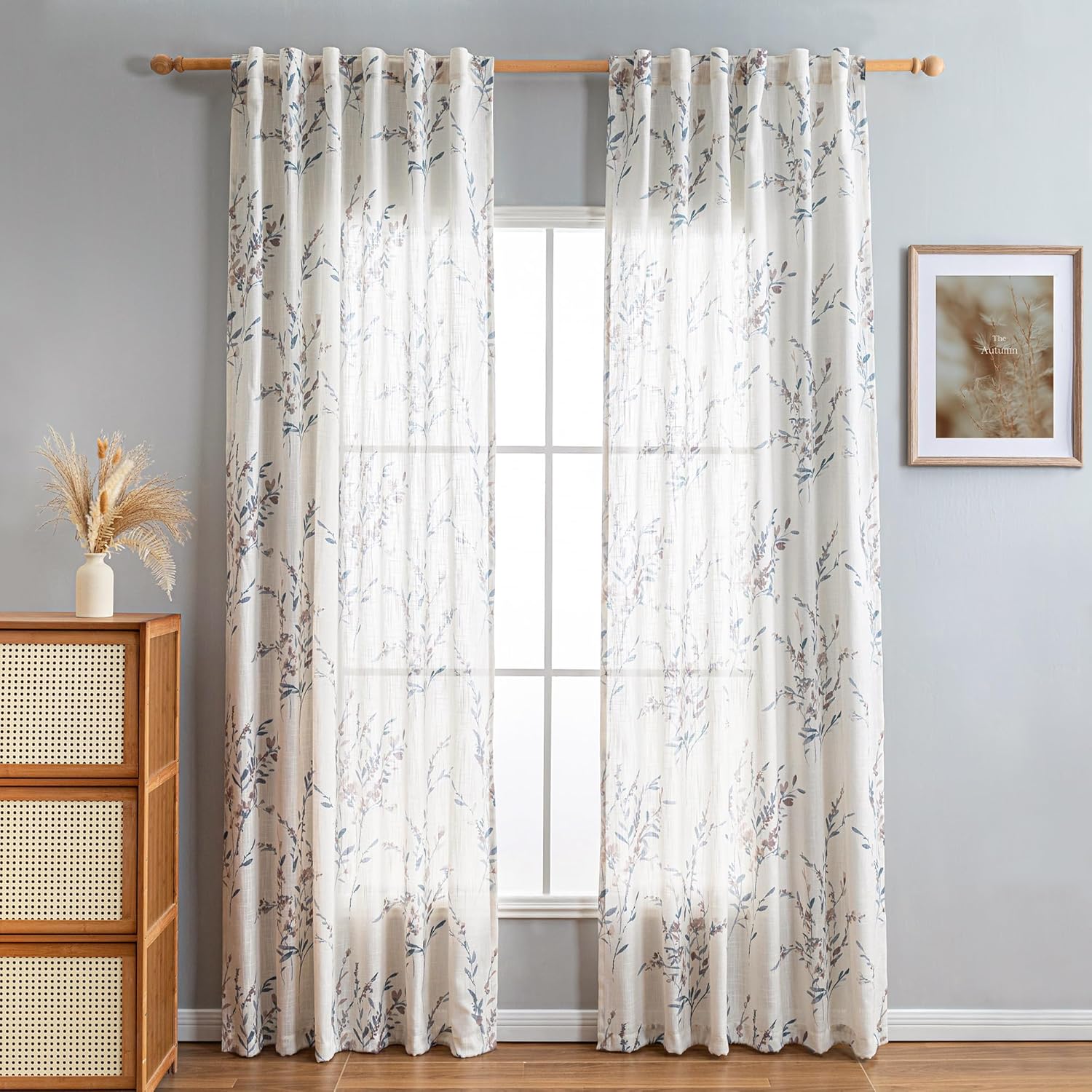MYSKY HOME Sheer Curtains 84 Inches Long 2 Panels Linen Blended Farmhouse Curtains & Drapes for Living Room Bedroom, Light Filtering Privacy Curtains Floral Printed Classical Home Decor, Navy Blue(2)